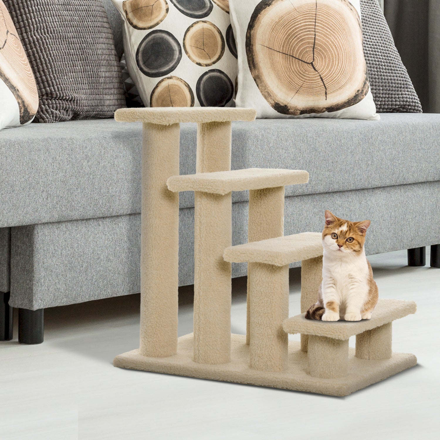 PawHut 4-Step Multi-Level Carpeted Cat Scratching Post Pet Stairs, Cream White
