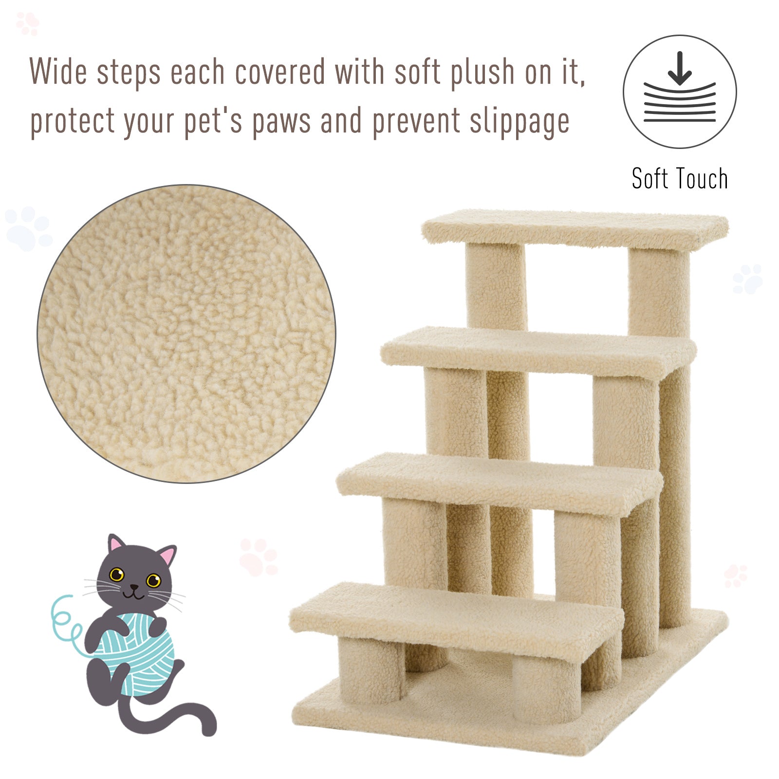 PawHut 4-Step Multi-Level Carpeted Cat Scratching Post Pet Stairs, Cream White