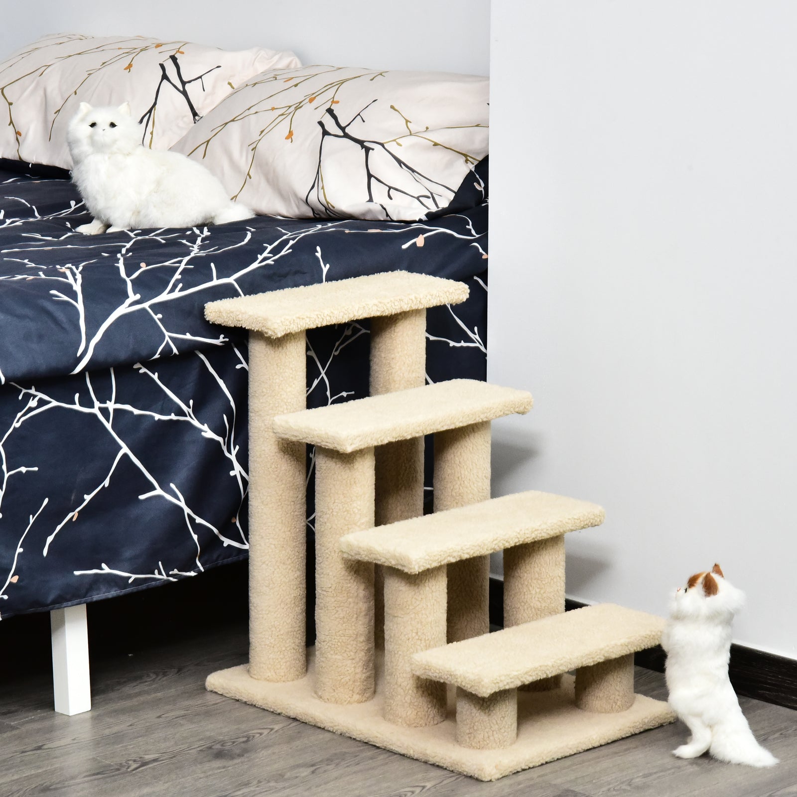 PawHut 4-Step Multi-Level Carpeted Cat Scratching Post Pet Stairs, Cream White
