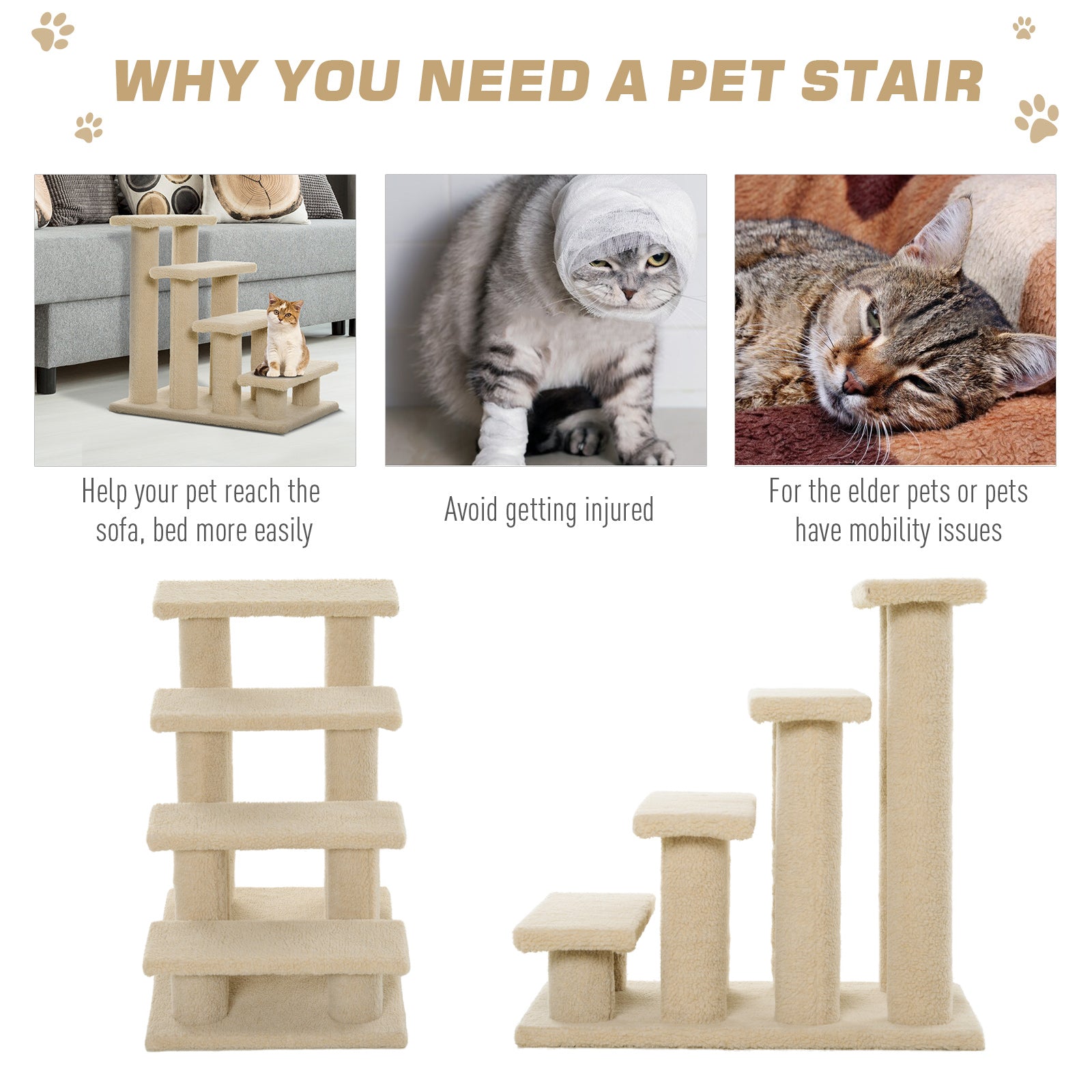 PawHut 4-Step Multi-Level Carpeted Cat Scratching Post Pet Stairs, Cream White