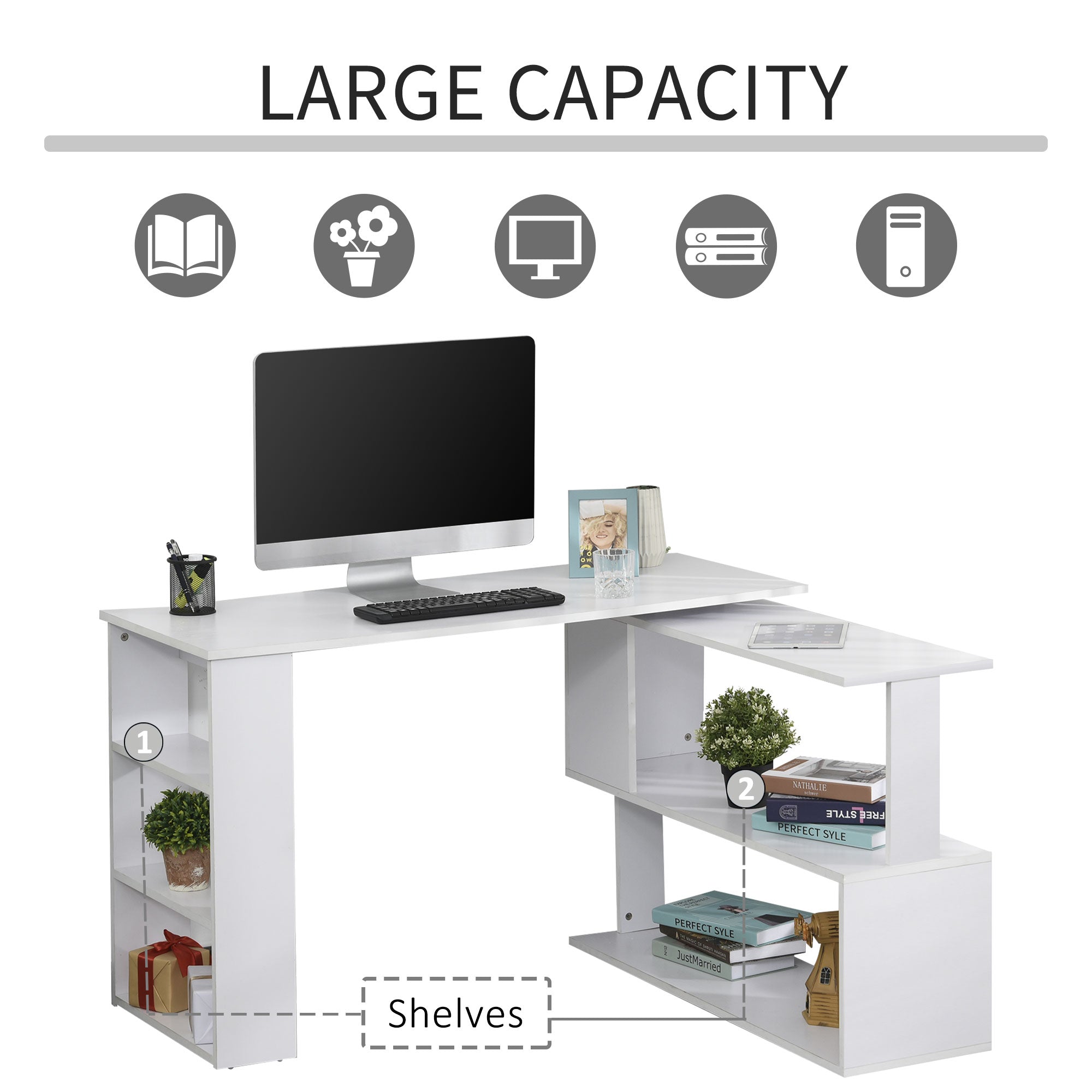 HOMCOM L Shaped Desk, 360° Rotating Corner Desk, Computer Writing Table Workstation with Storage Shelf for Home Office, White