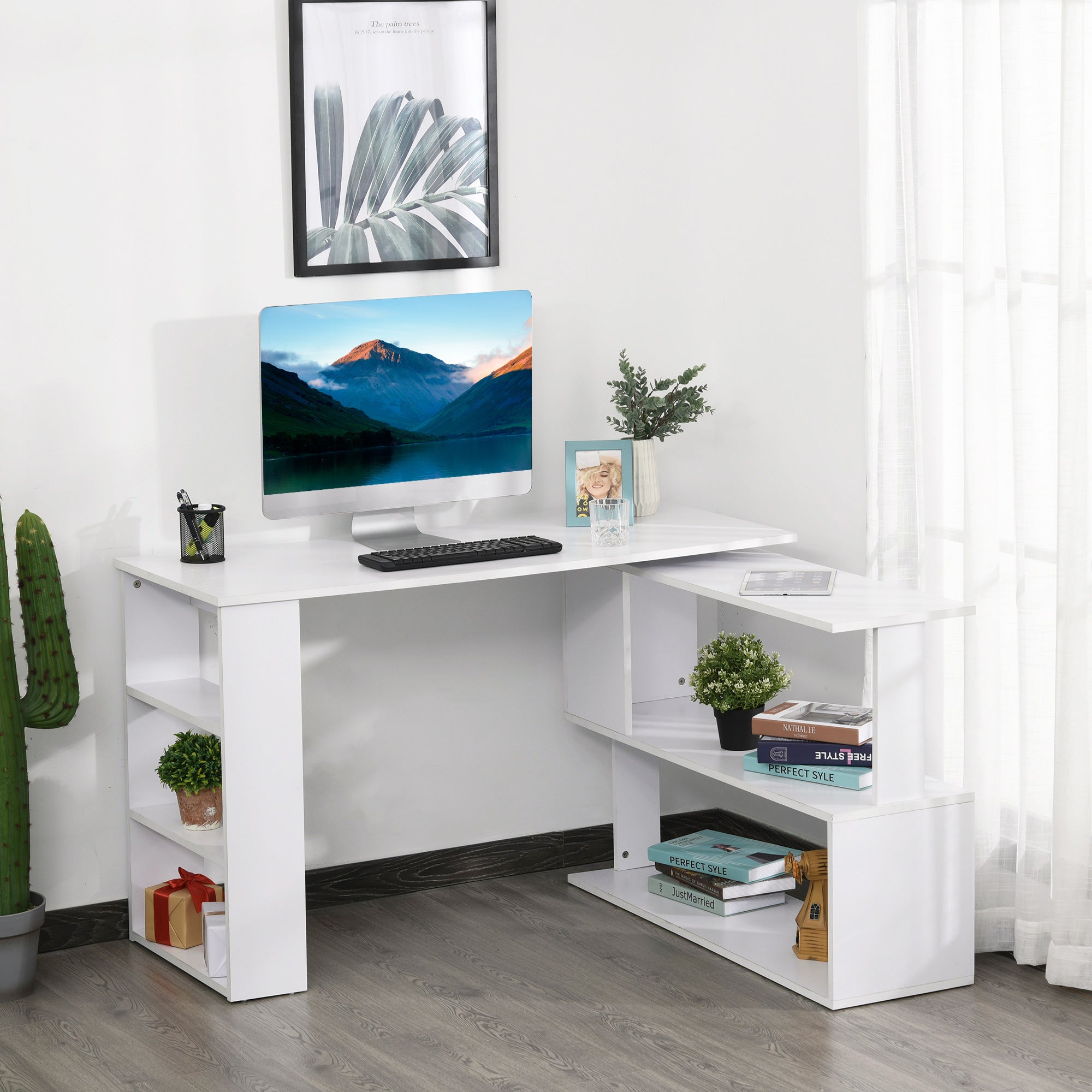 HOMCOM L Shaped Desk, 360° Rotating Corner Desk, Computer Writing Table Workstation with Storage Shelf for Home Office, White