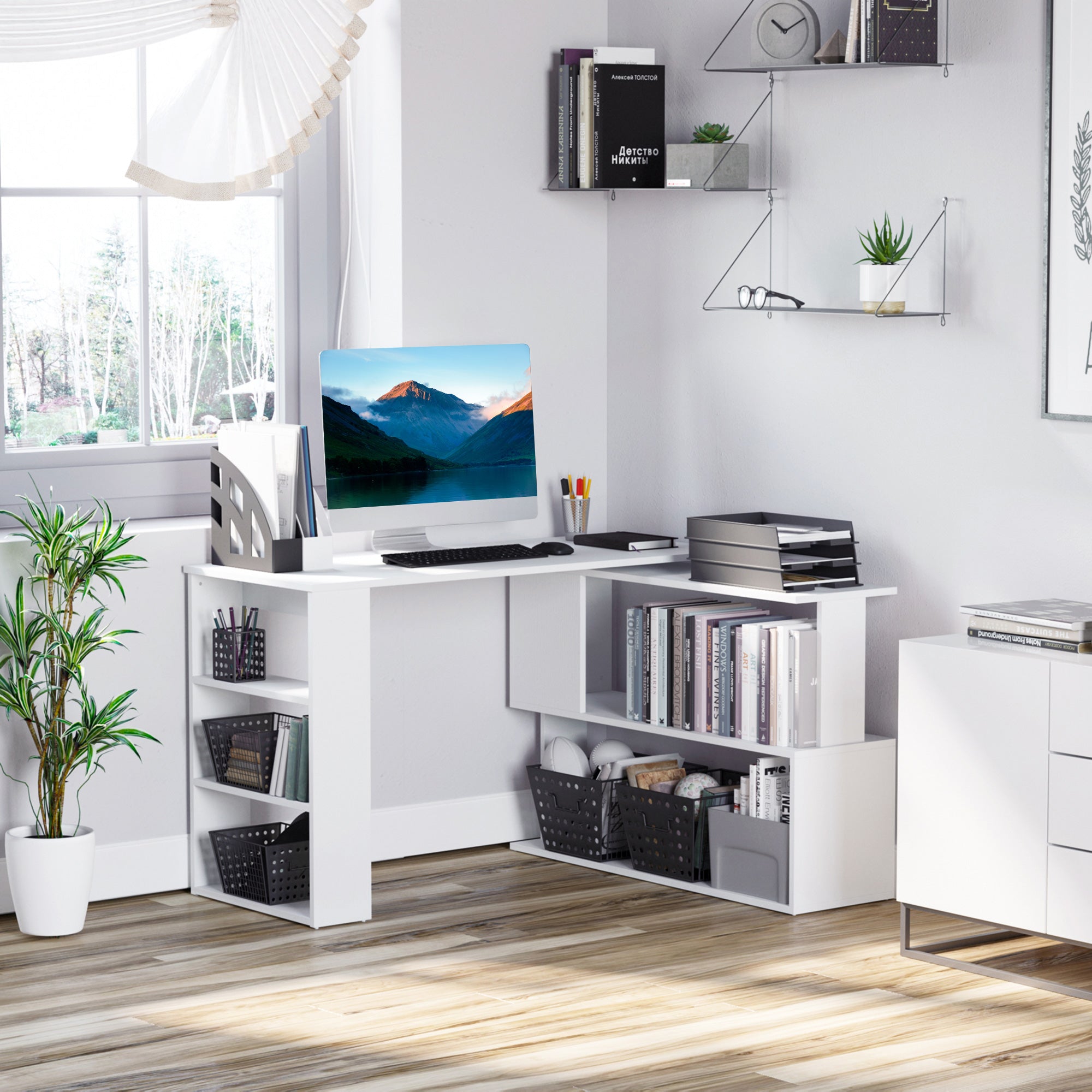 HOMCOM L Shaped Desk, 360° Rotating Corner Desk, Computer Writing Table Workstation with Storage Shelf for Home Office, White