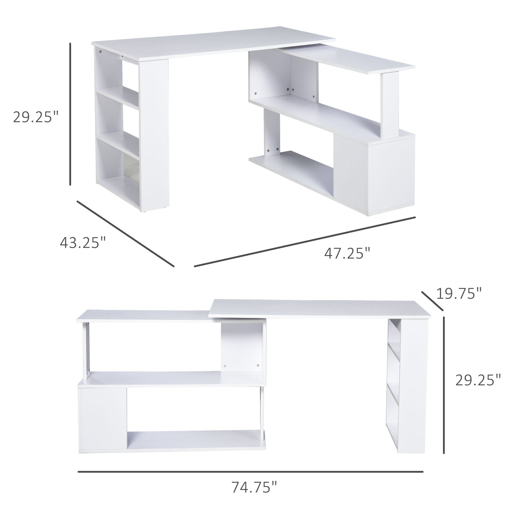 HOMCOM L Shaped Desk, 360° Rotating Corner Desk, Computer Writing Table Workstation with Storage Shelf for Home Office, White