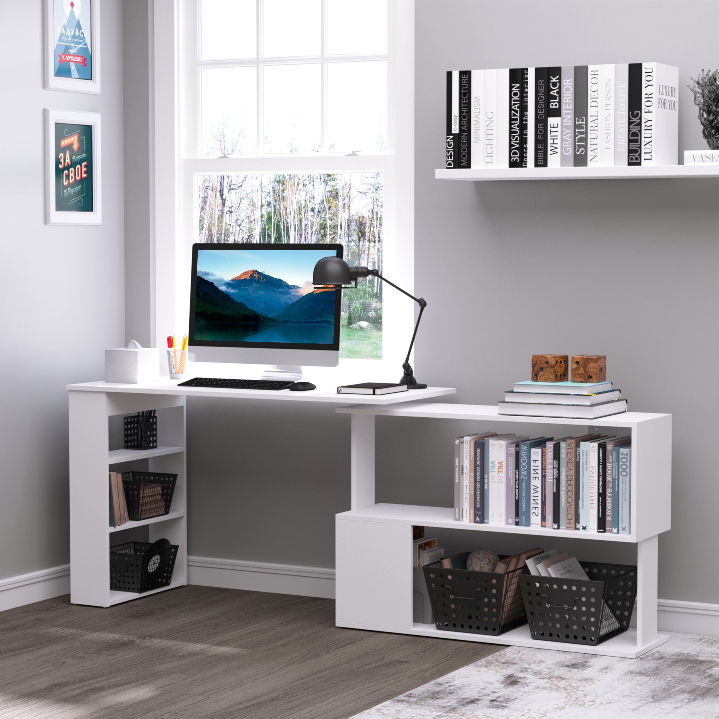 HOMCOM L Shaped Desk, 360° Rotating Corner Desk, Computer Writing Table Workstation with Storage Shelf for Home Office, White