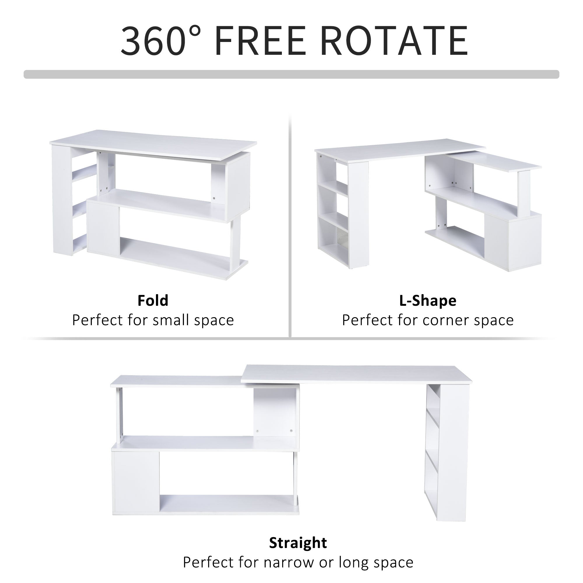 HOMCOM L Shaped Desk, 360° Rotating Corner Desk, Computer Writing Table Workstation with Storage Shelf for Home Office, White