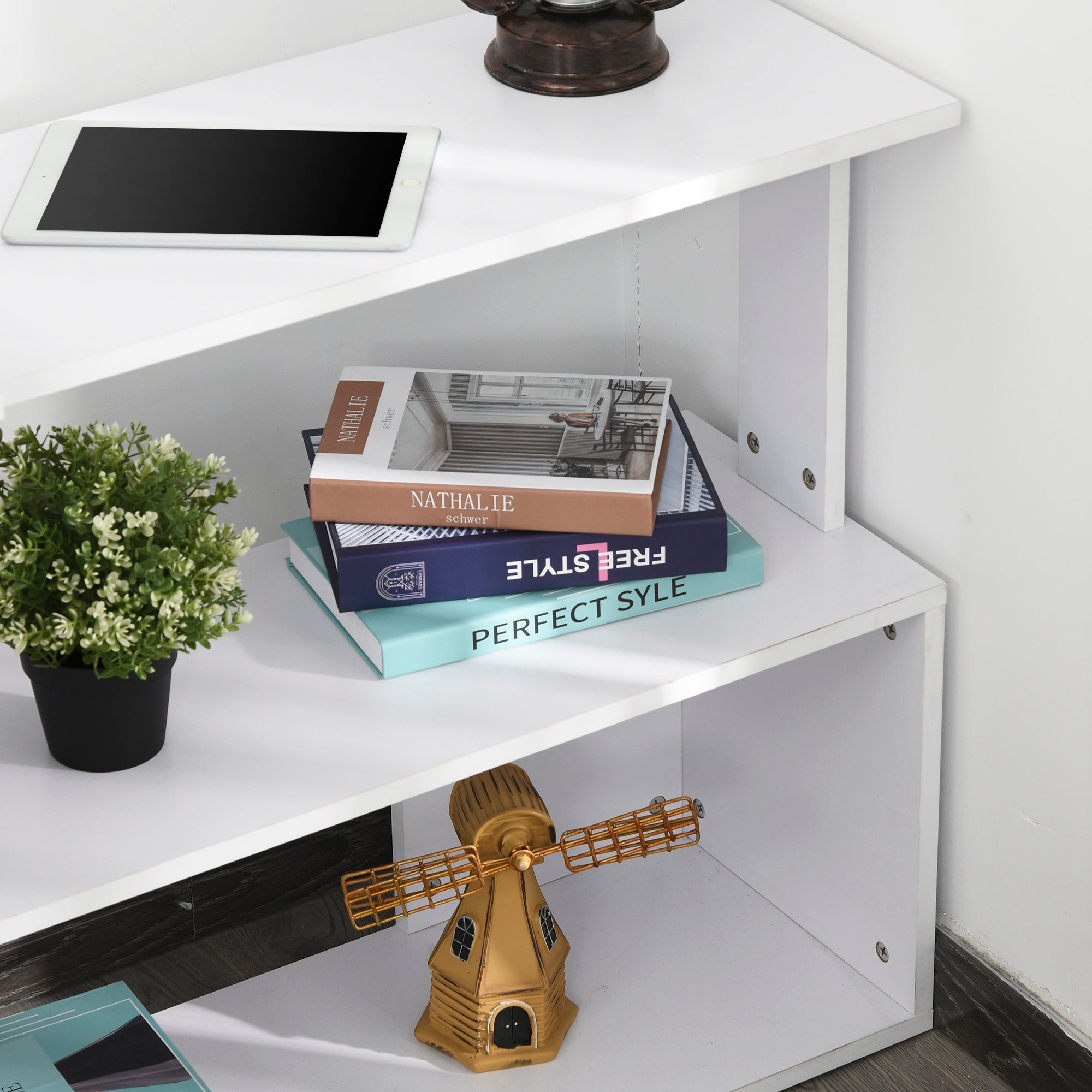 HOMCOM L Shaped Desk, 360° Rotating Corner Desk, Computer Writing Table Workstation with Storage Shelf for Home Office, White