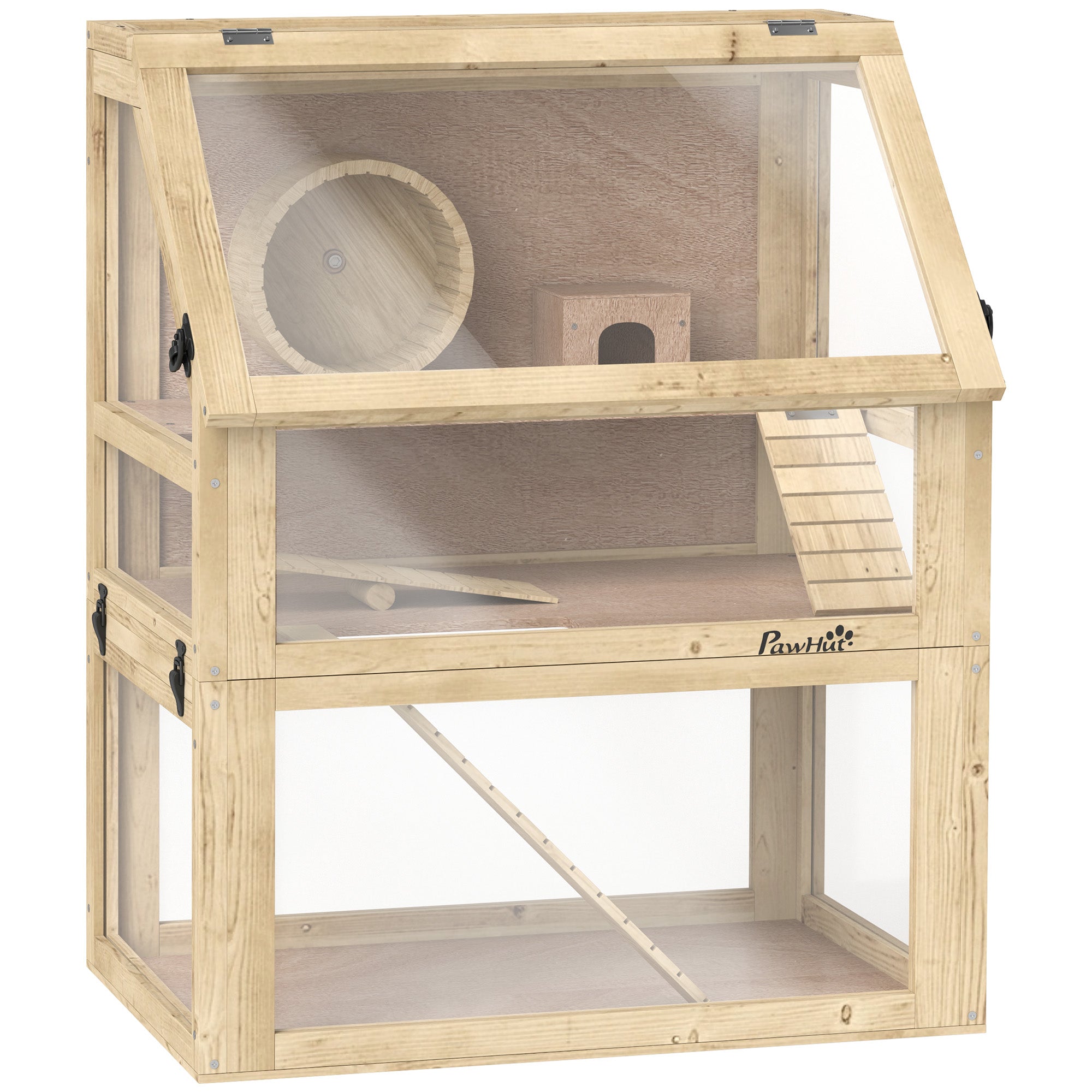 PawHut Wooden Hamster Cage, 3 Tier Gerbil Cage with Detachable 32cm Deep Bottom, Hut, Seesaw, Exercise Wheel, Ramps, 60 x 40 x 75cm, Natural Wood Finish