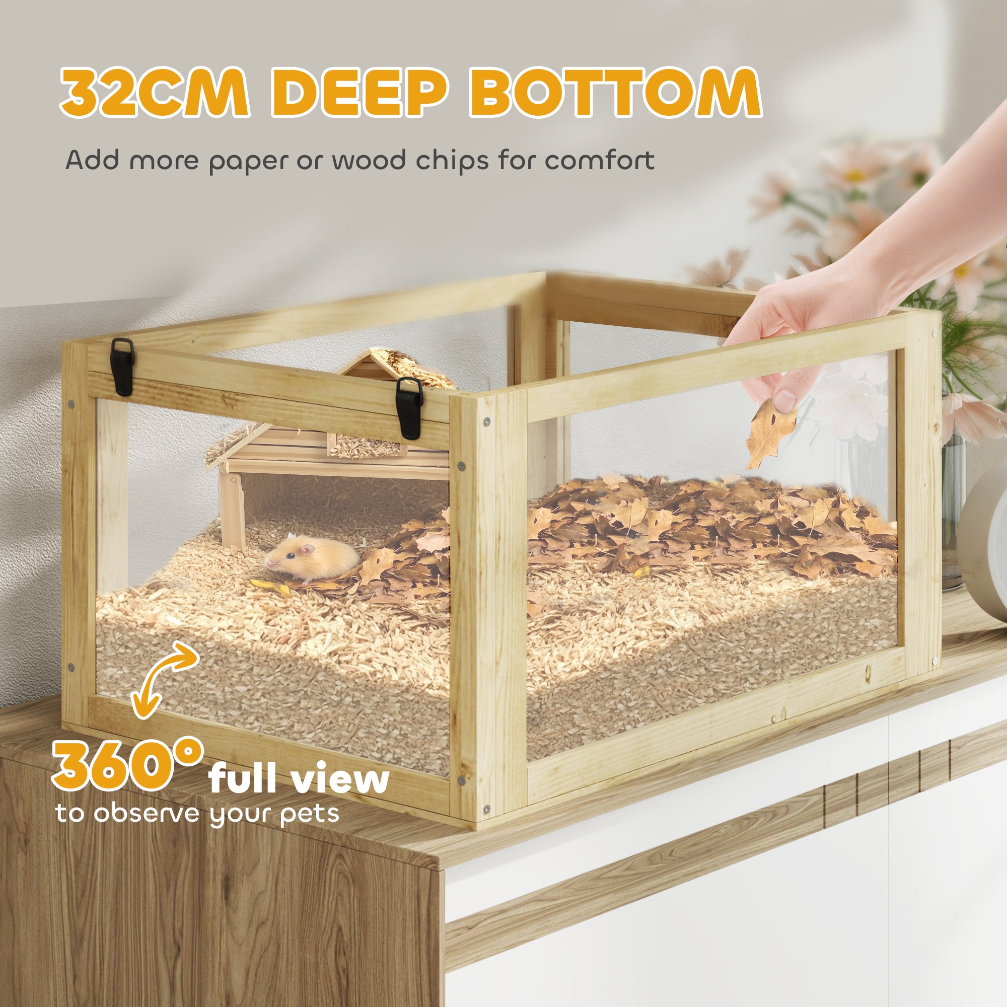 PawHut Wooden Hamster Cage, 3 Tier Gerbil Cage with Detachable 32cm Deep Bottom, Hut, Seesaw, Exercise Wheel, Ramps, 60 x 40 x 75cm, Natural Wood Finish