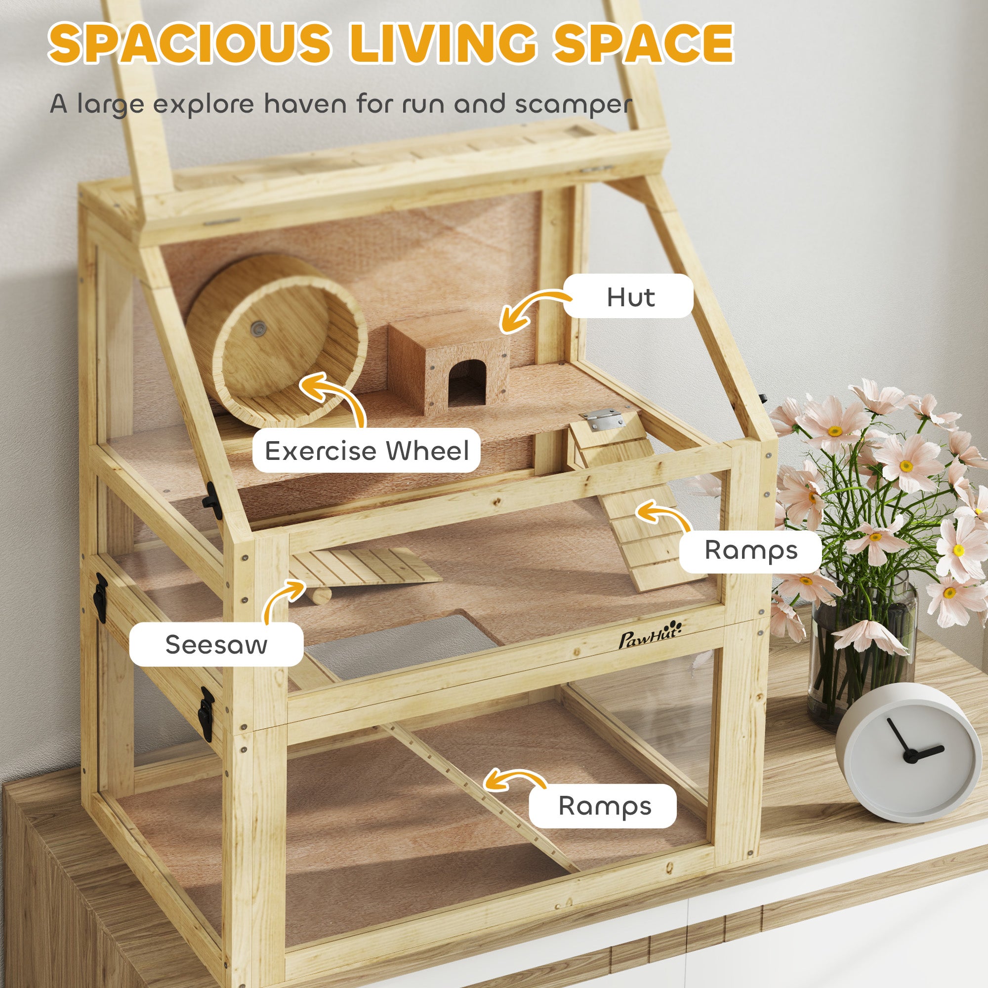 PawHut Wooden Hamster Cage, 3 Tier Gerbil Cage with Detachable 32cm Deep Bottom, Hut, Seesaw, Exercise Wheel, Ramps, 60 x 40 x 75cm, Natural Wood Finish
