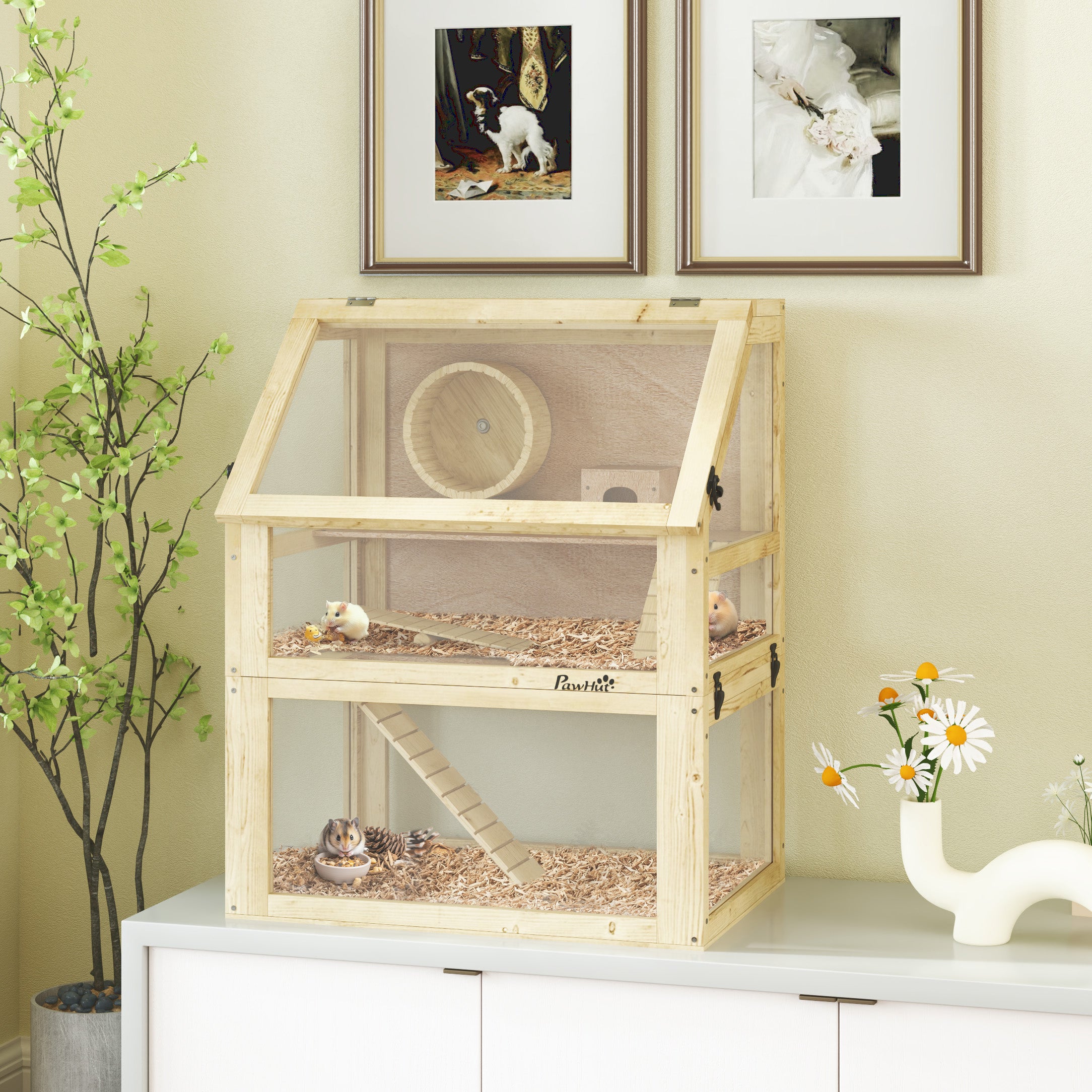 PawHut Wooden Hamster Cage, 3 Tier Gerbil Cage with Detachable 32cm Deep Bottom, Hut, Seesaw, Exercise Wheel, Ramps, 60 x 40 x 75cm, Natural Wood Finish