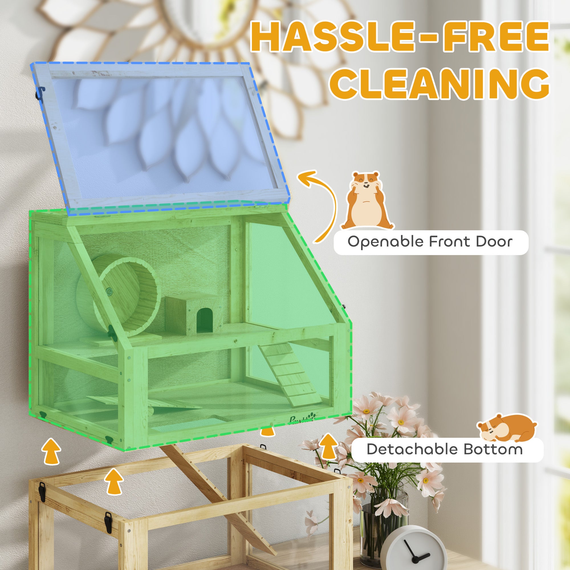 PawHut Wooden Hamster Cage, 3 Tier Gerbil Cage with Detachable 32cm Deep Bottom, Hut, Seesaw, Exercise Wheel, Ramps, 60 x 40 x 75cm, Natural Wood Finish