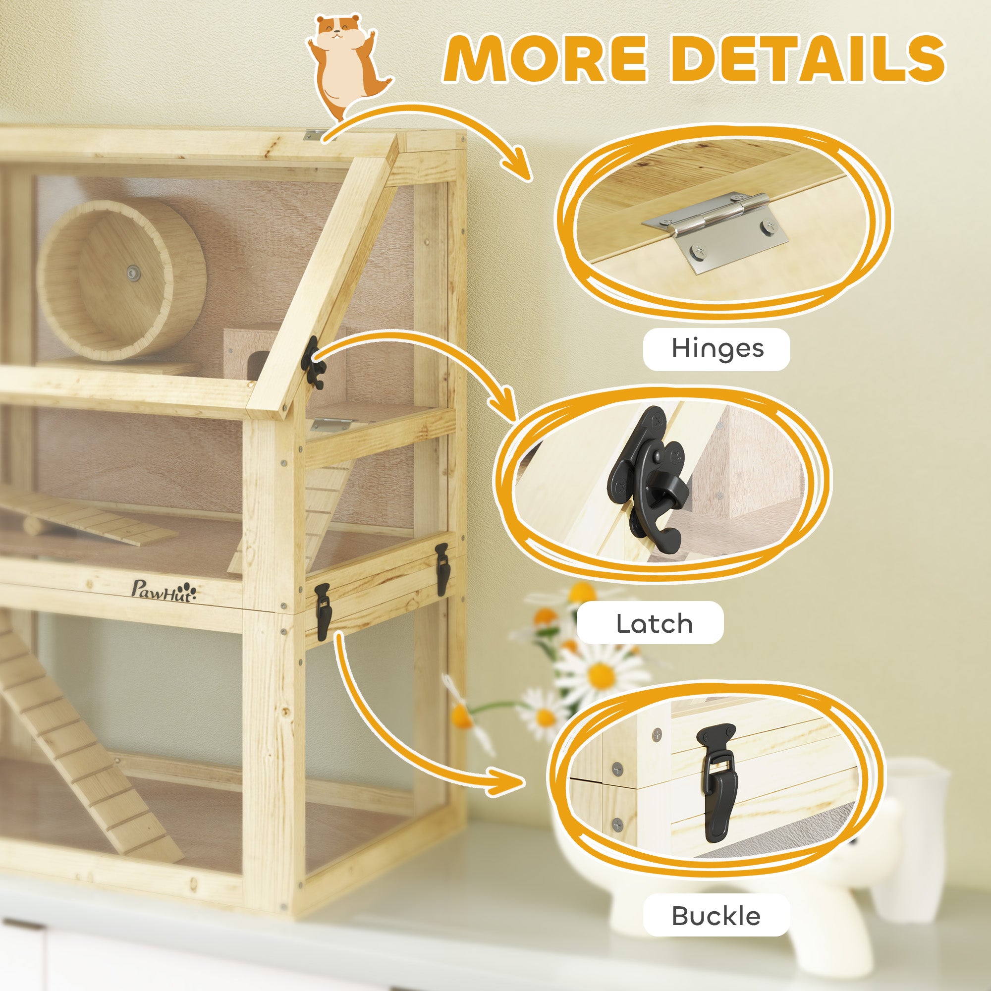 PawHut Wooden Hamster Cage, 3 Tier Gerbil Cage with Detachable 32cm Deep Bottom, Hut, Seesaw, Exercise Wheel, Ramps, 60 x 40 x 75cm, Natural Wood Finish