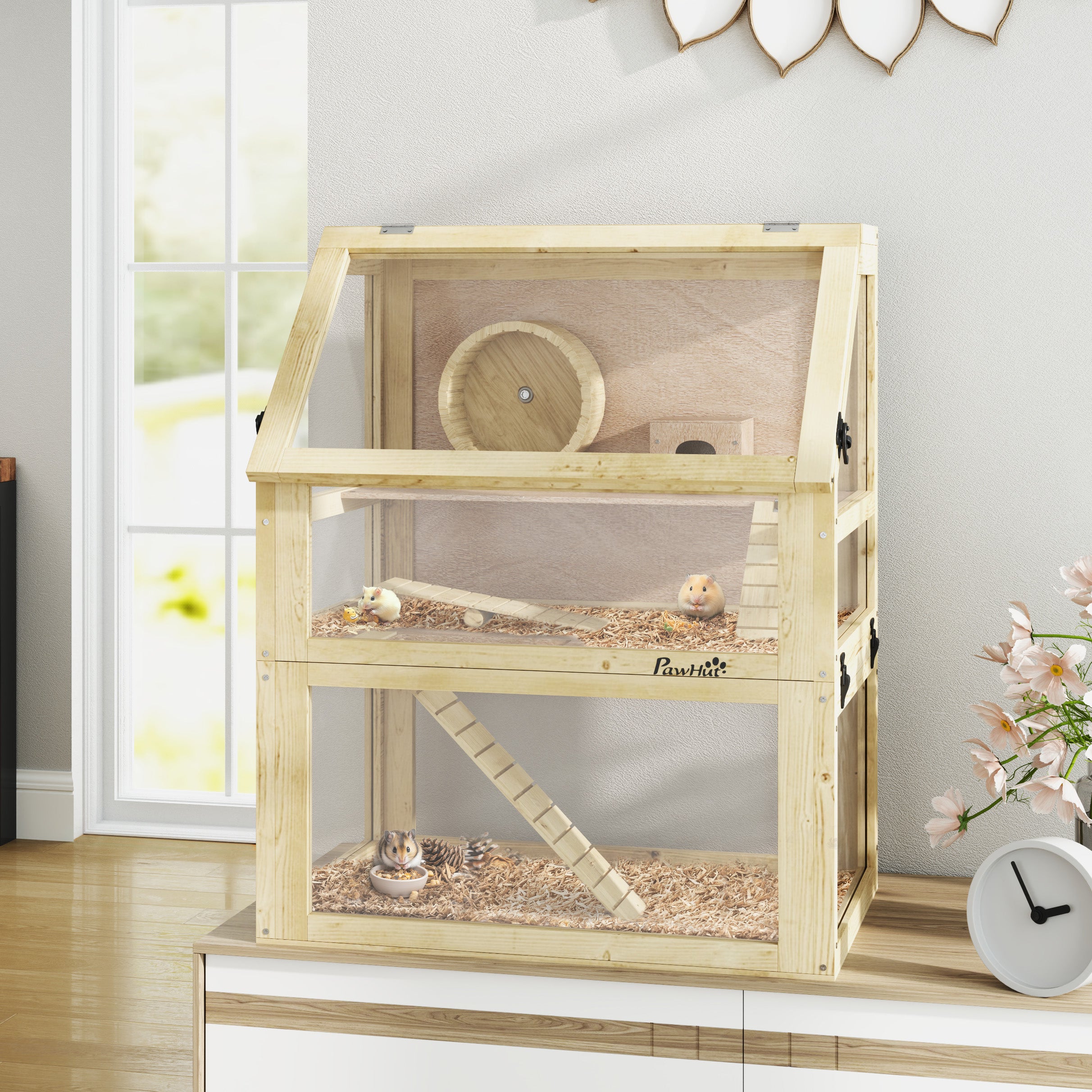 PawHut Wooden Hamster Cage, 3 Tier Gerbil Cage with Detachable 32cm Deep Bottom, Hut, Seesaw, Exercise Wheel, Ramps, 60 x 40 x 75cm, Natural Wood Finish