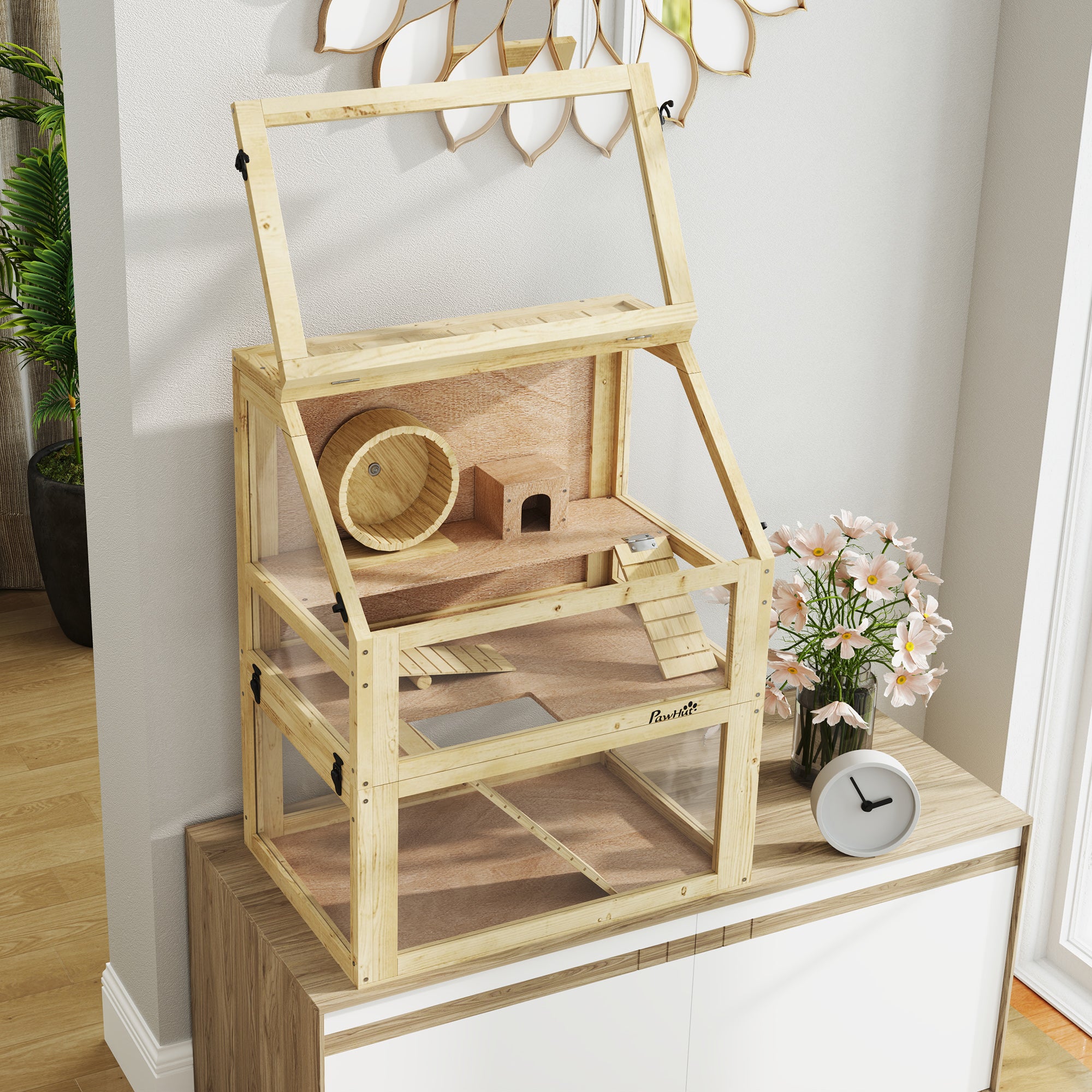 PawHut Wooden Hamster Cage, 3 Tier Gerbil Cage with Detachable 32cm Deep Bottom, Hut, Seesaw, Exercise Wheel, Ramps, 60 x 40 x 75cm, Natural Wood Finish