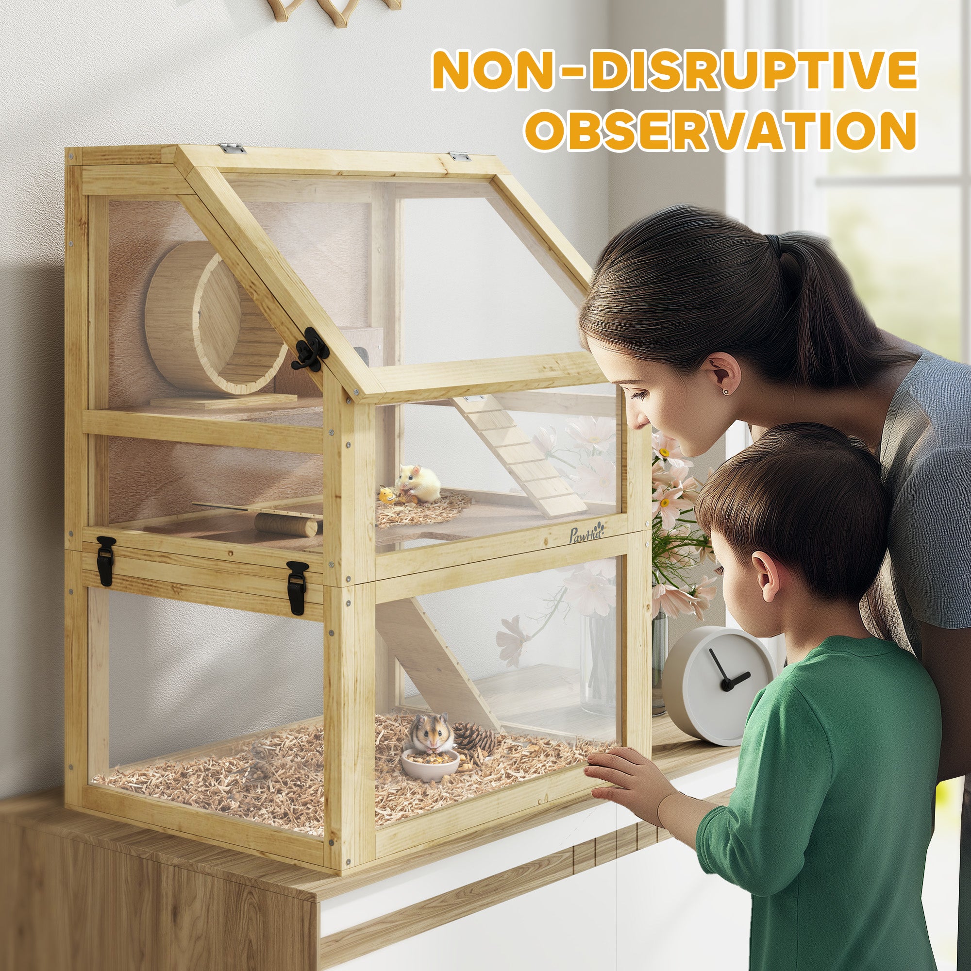 PawHut Wooden Hamster Cage, 3 Tier Gerbil Cage with Detachable 32cm Deep Bottom, Hut, Seesaw, Exercise Wheel, Ramps, 60 x 40 x 75cm, Natural Wood Finish