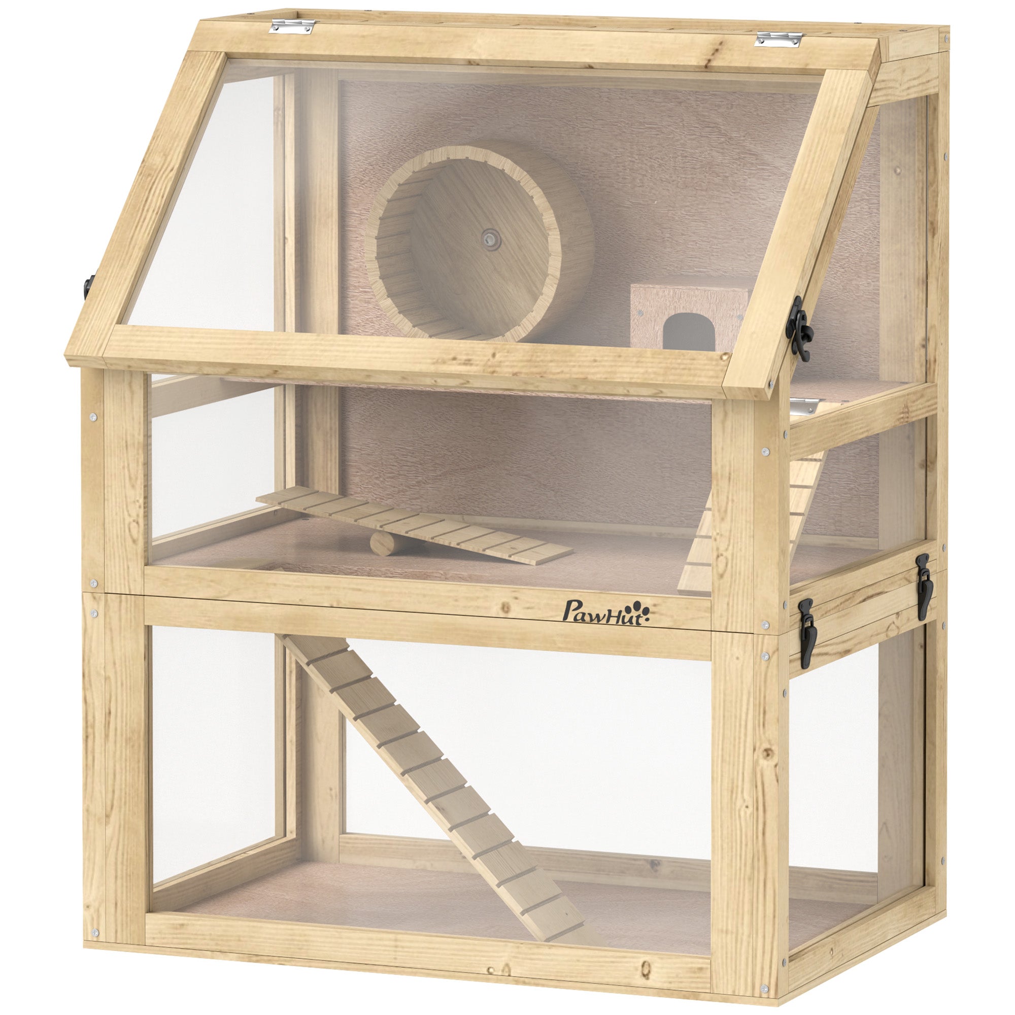 PawHut Wooden Hamster Cage, 3 Tier Gerbil Cage with Detachable 32cm Deep Bottom, Hut, Seesaw, Exercise Wheel, Ramps, 60 x 40 x 75cm, Natural Wood Finish