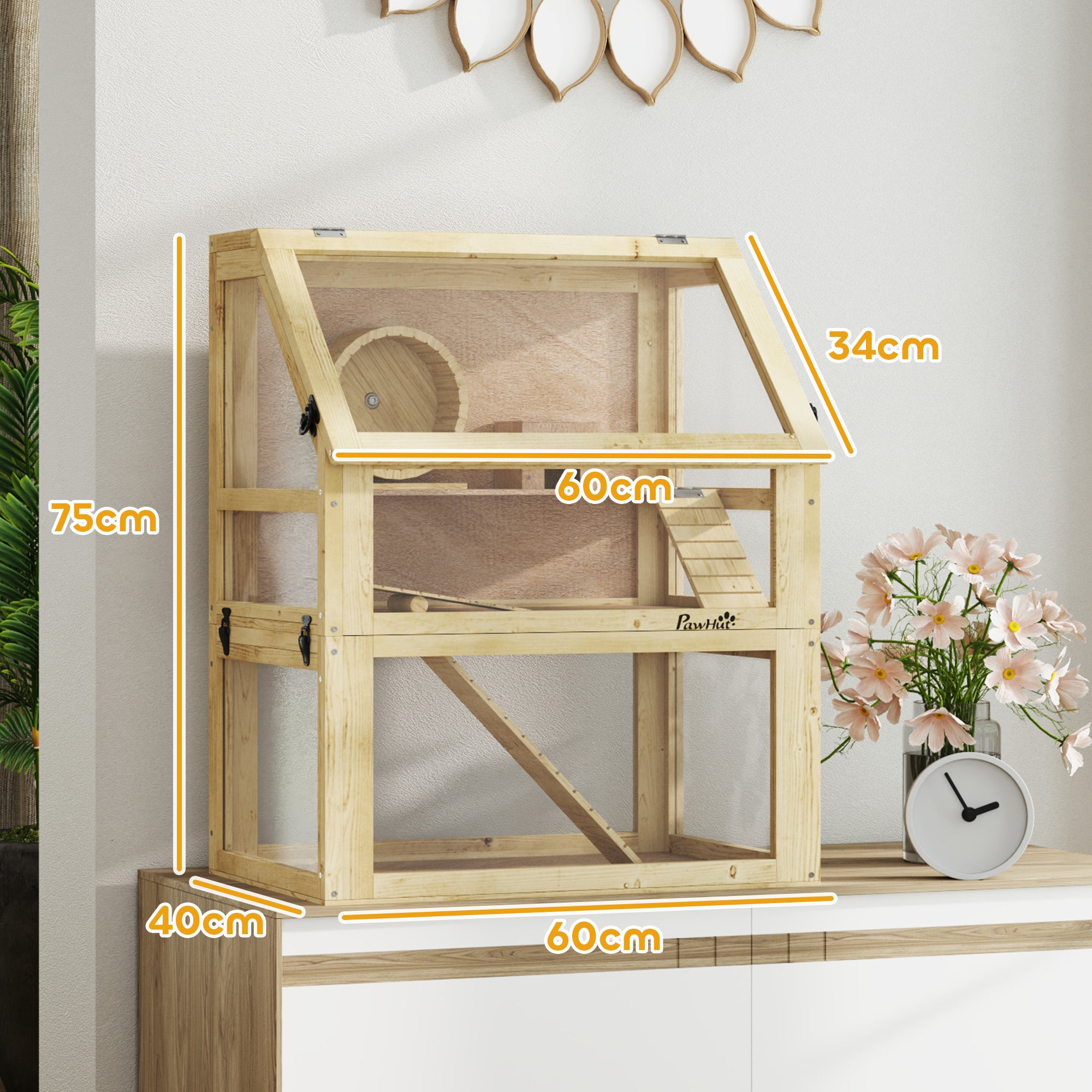 PawHut Wooden Hamster Cage, 3 Tier Gerbil Cage with Detachable 32cm Deep Bottom, Hut, Seesaw, Exercise Wheel, Ramps, 60 x 40 x 75cm, Natural Wood Finish