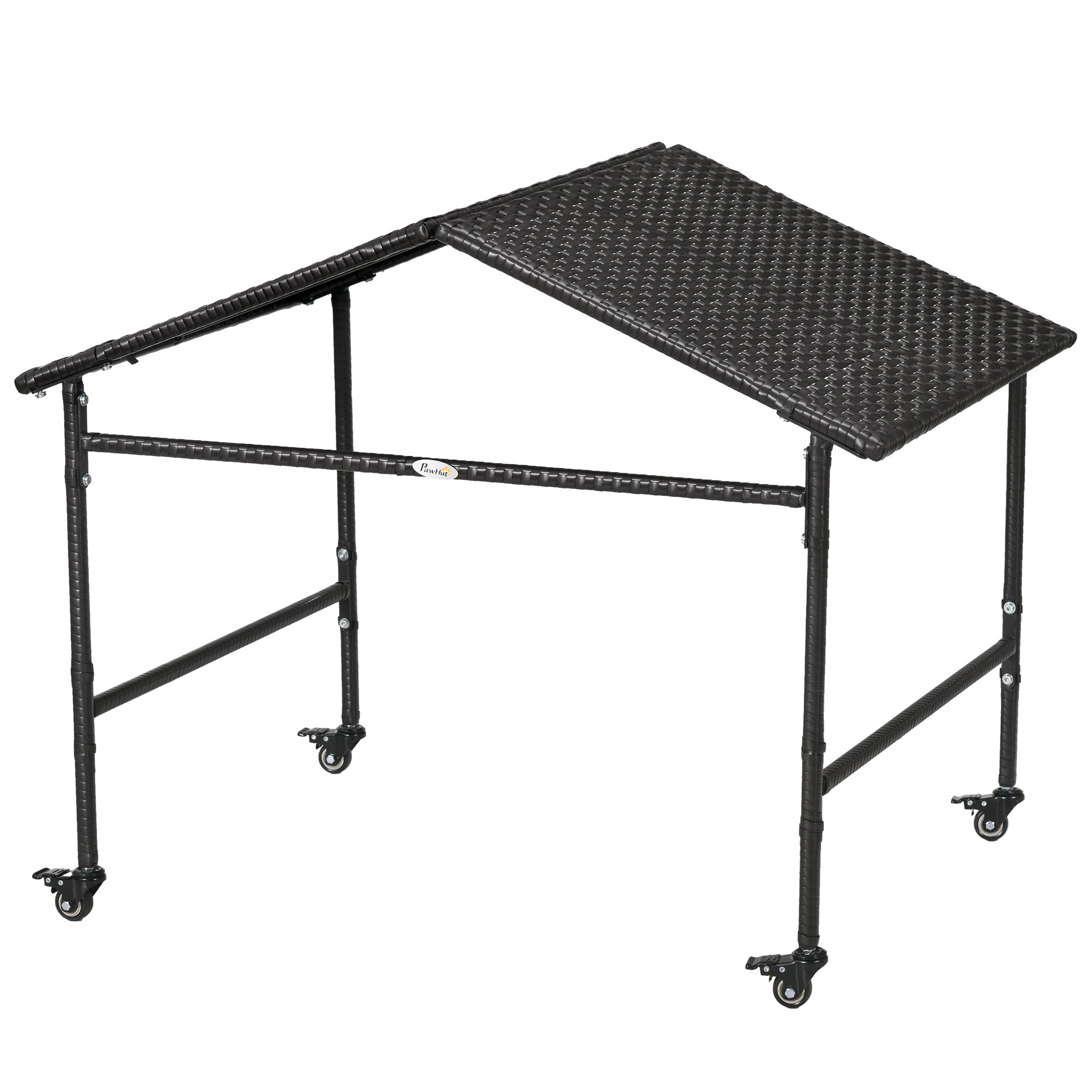 PawHut Wicker Dog Shelter with Wheels, Portable Outdoor Animal Shelter for Small and Medium Sized Dogs, Dark Brown