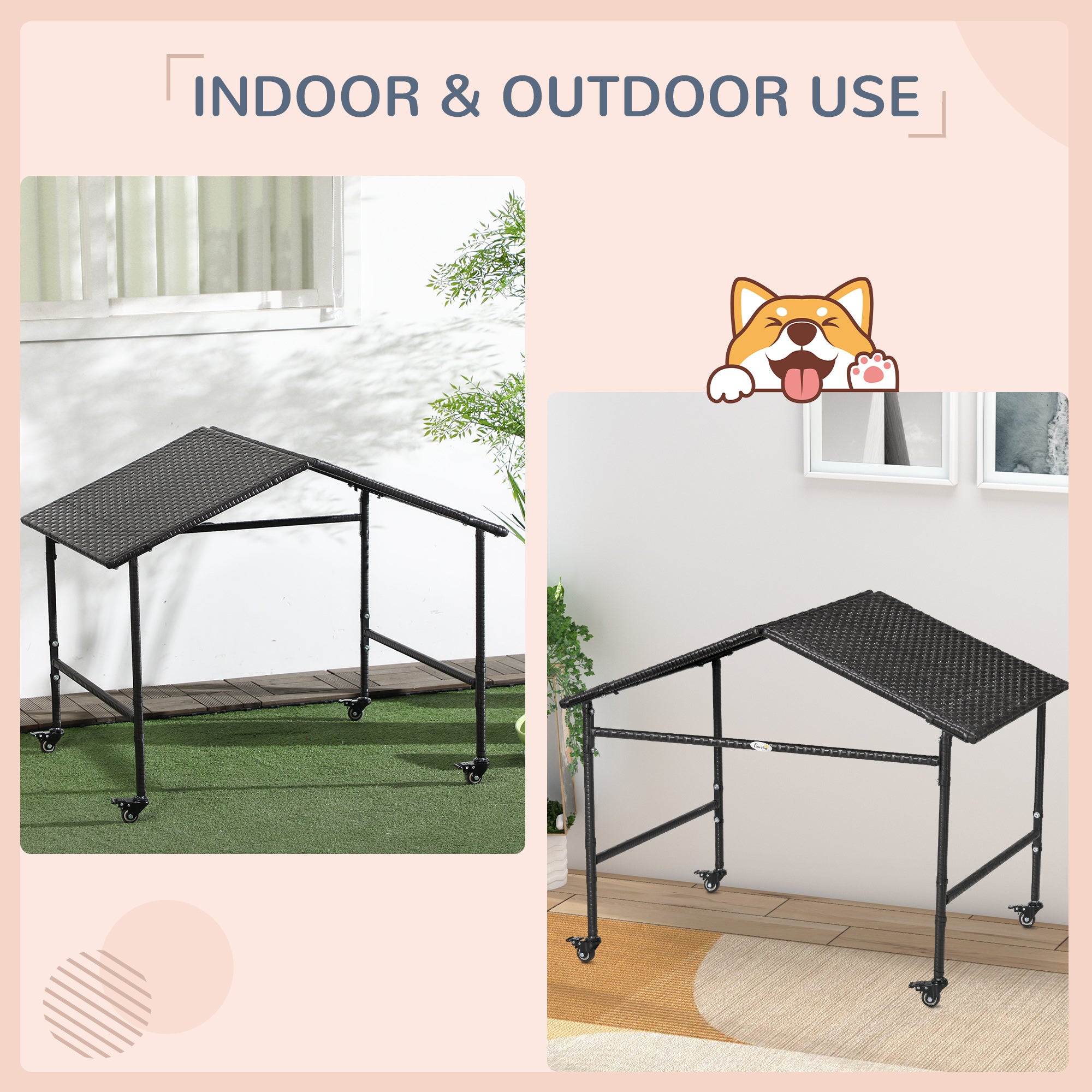 PawHut Wicker Dog Shelter with Wheels, Portable Outdoor Animal Shelter for Small and Medium Sized Dogs, Dark Brown