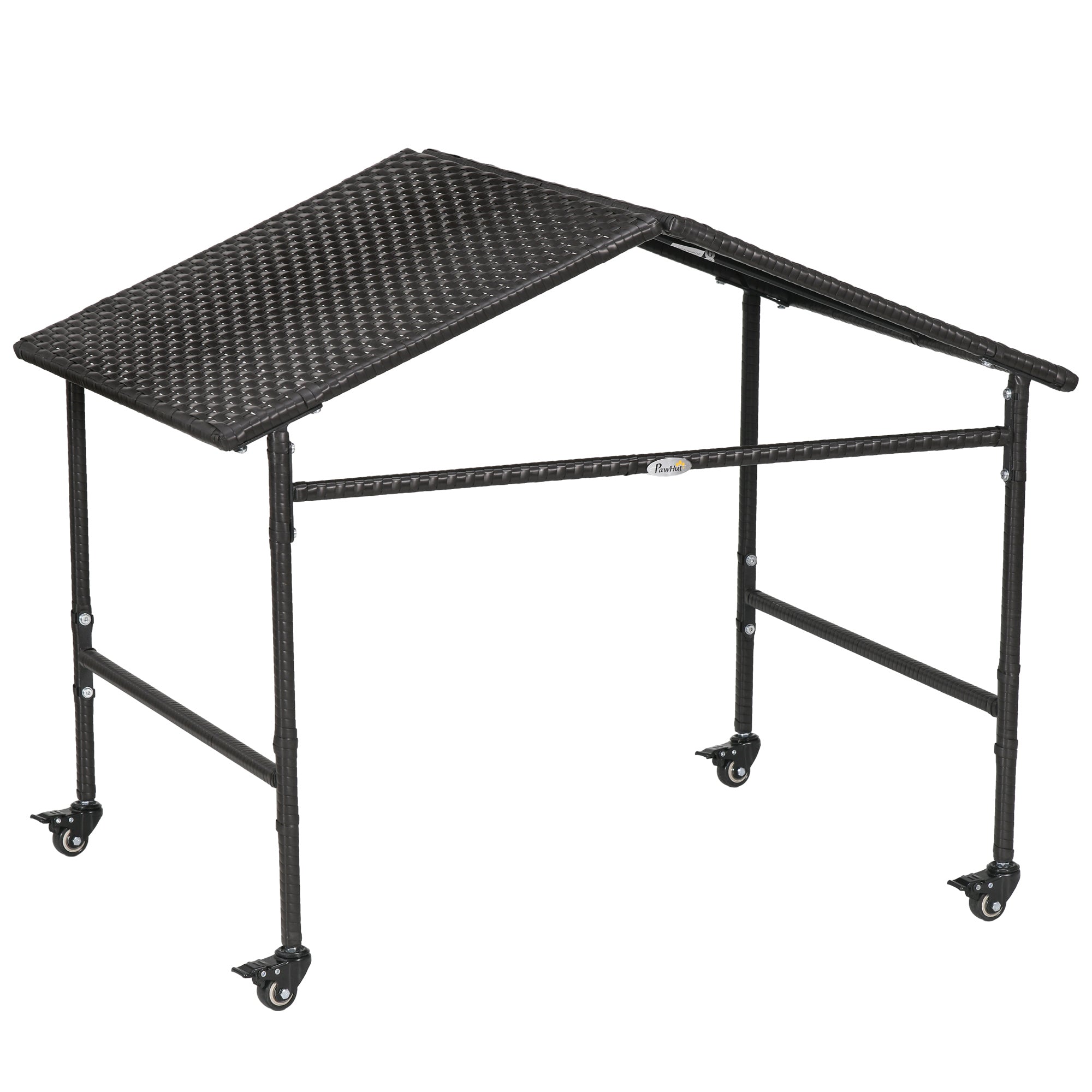 PawHut Wicker Dog Shelter with Wheels, Portable Outdoor Animal Shelter for Small and Medium Sized Dogs, Dark Brown