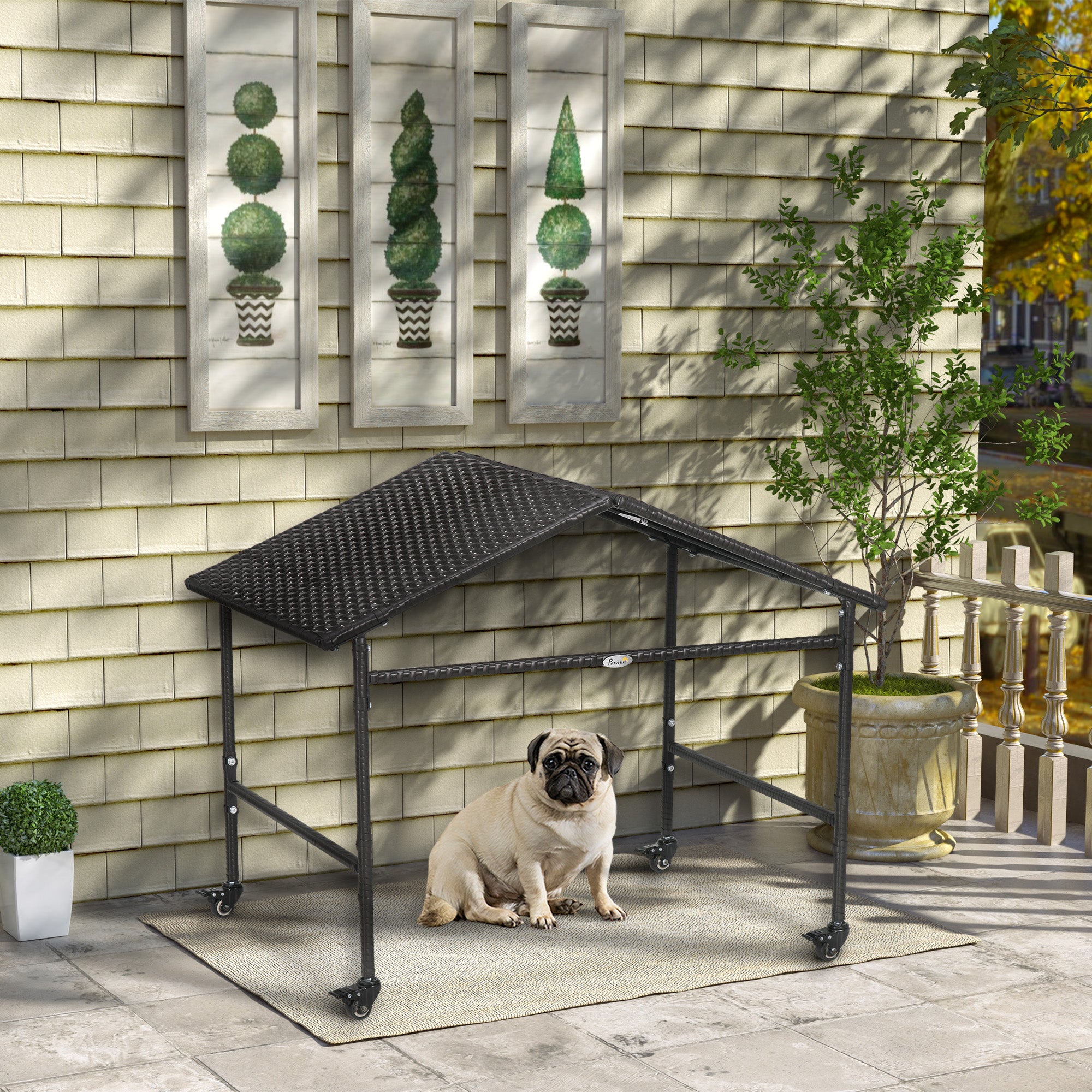PawHut Wicker Dog Shelter with Wheels, Portable Outdoor Animal Shelter for Small and Medium Sized Dogs, Dark Brown