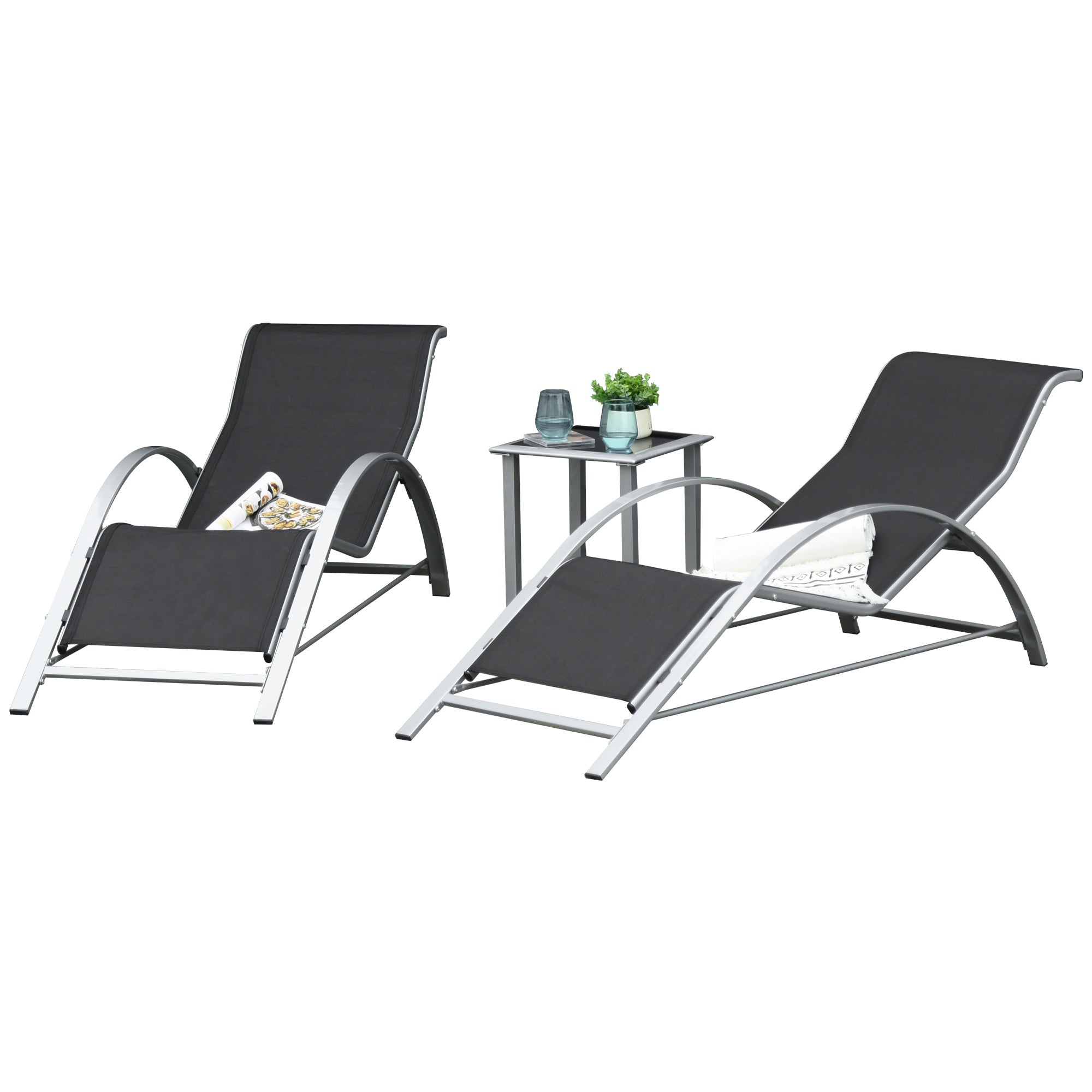 Outsunny 3 Pieces Patio Pool Lounge Chairs Set, Outdoor Chaise lounge with 2 S-Shaped Sunbathing Chairs and a Glass Top Table, for Yard Garden, Black