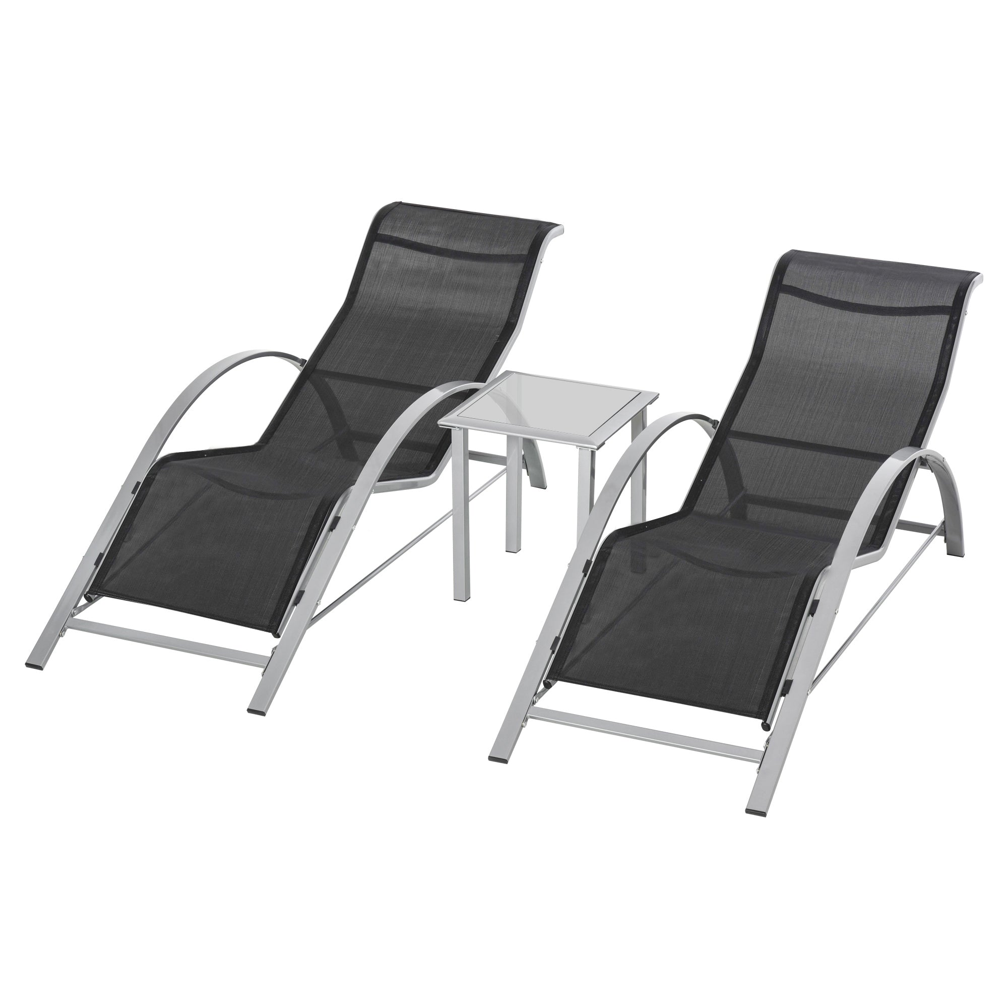 Outsunny 3 Pieces Patio Pool Lounge Chairs Set, Outdoor Chaise lounge with 2 S-Shaped Sunbathing Chairs and a Glass Top Table, for Yard Garden, Black