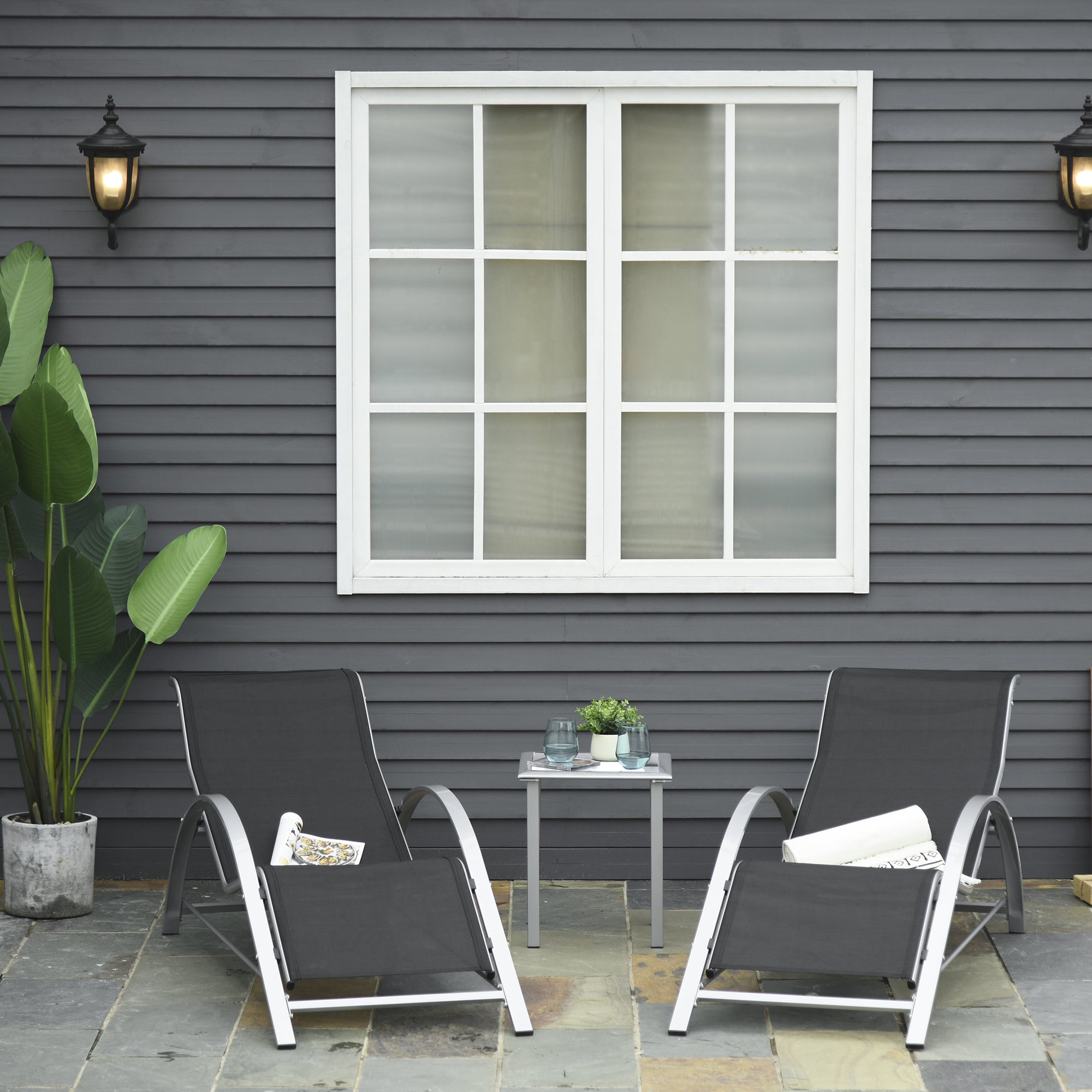 Outsunny 3 Pieces Patio Pool Lounge Chairs Set, Outdoor Chaise lounge with 2 S-Shaped Sunbathing Chairs and a Glass Top Table, for Yard Garden, Black