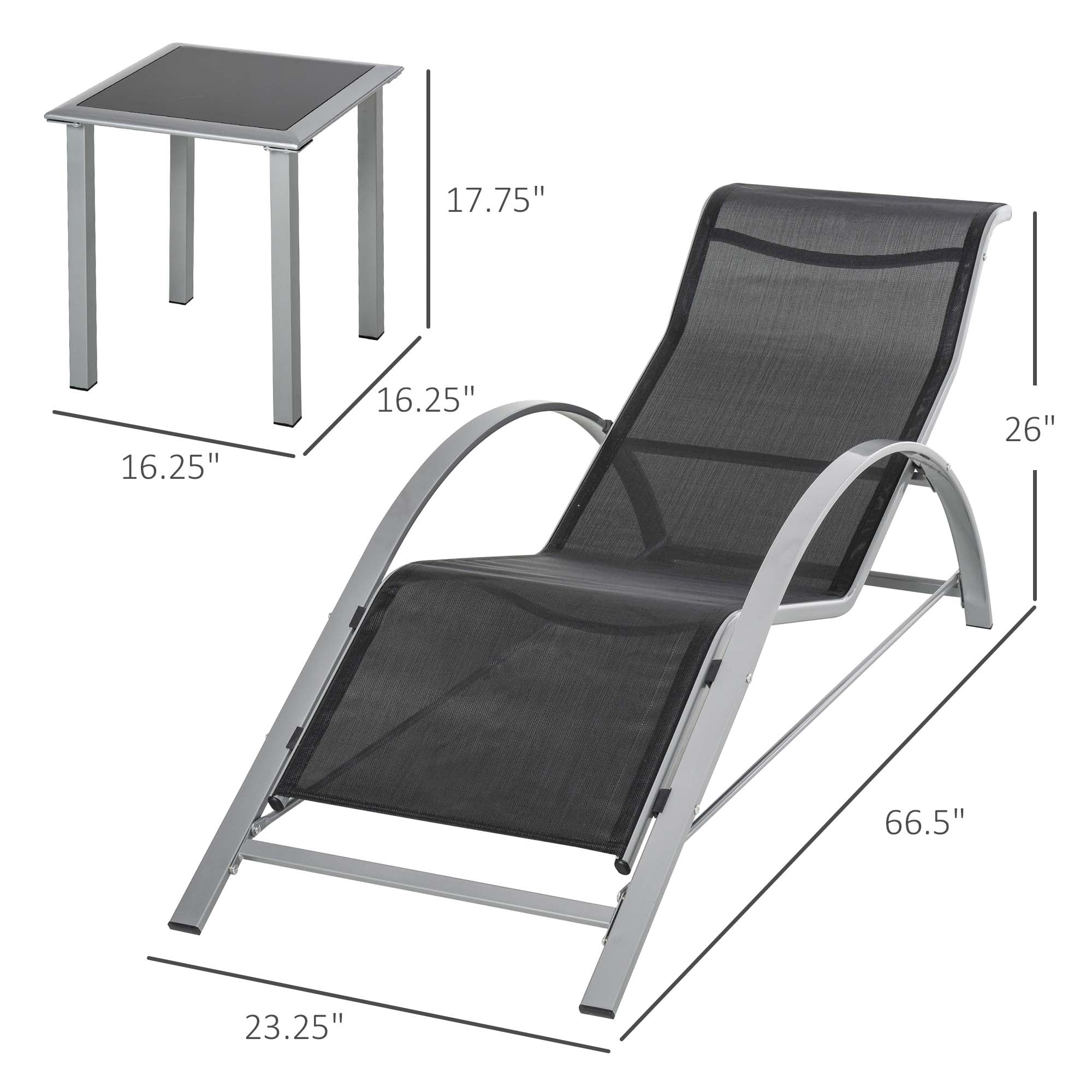 Outsunny 3 Pieces Patio Pool Lounge Chairs Set, Outdoor Chaise lounge with 2 S-Shaped Sunbathing Chairs and a Glass Top Table, for Yard Garden, Black