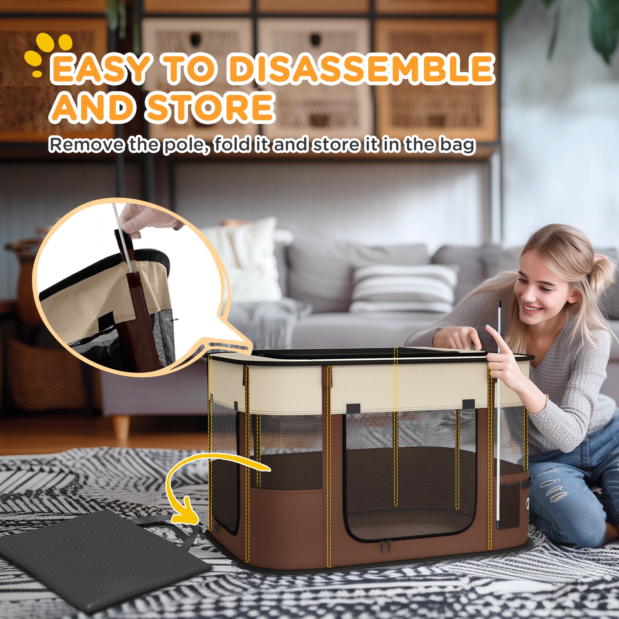 PawHut Dog Pen, Pet Playpen, Portable Foldable Dog Cat Playpen Soft Dog Cage with Storage Bag for Puppies, Rabbits, Kittens, Guinea Pigs, 84 x 64 x 53cm - Brown