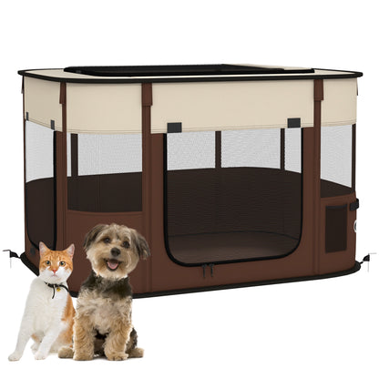 PawHut Dog Pen, Pet Playpen, Portable Foldable Dog Cat Playpen Soft Dog Cage with Storage Bag for Puppies, Rabbits, Kittens, Guinea Pigs, 84 x 64 x 53cm - Brown