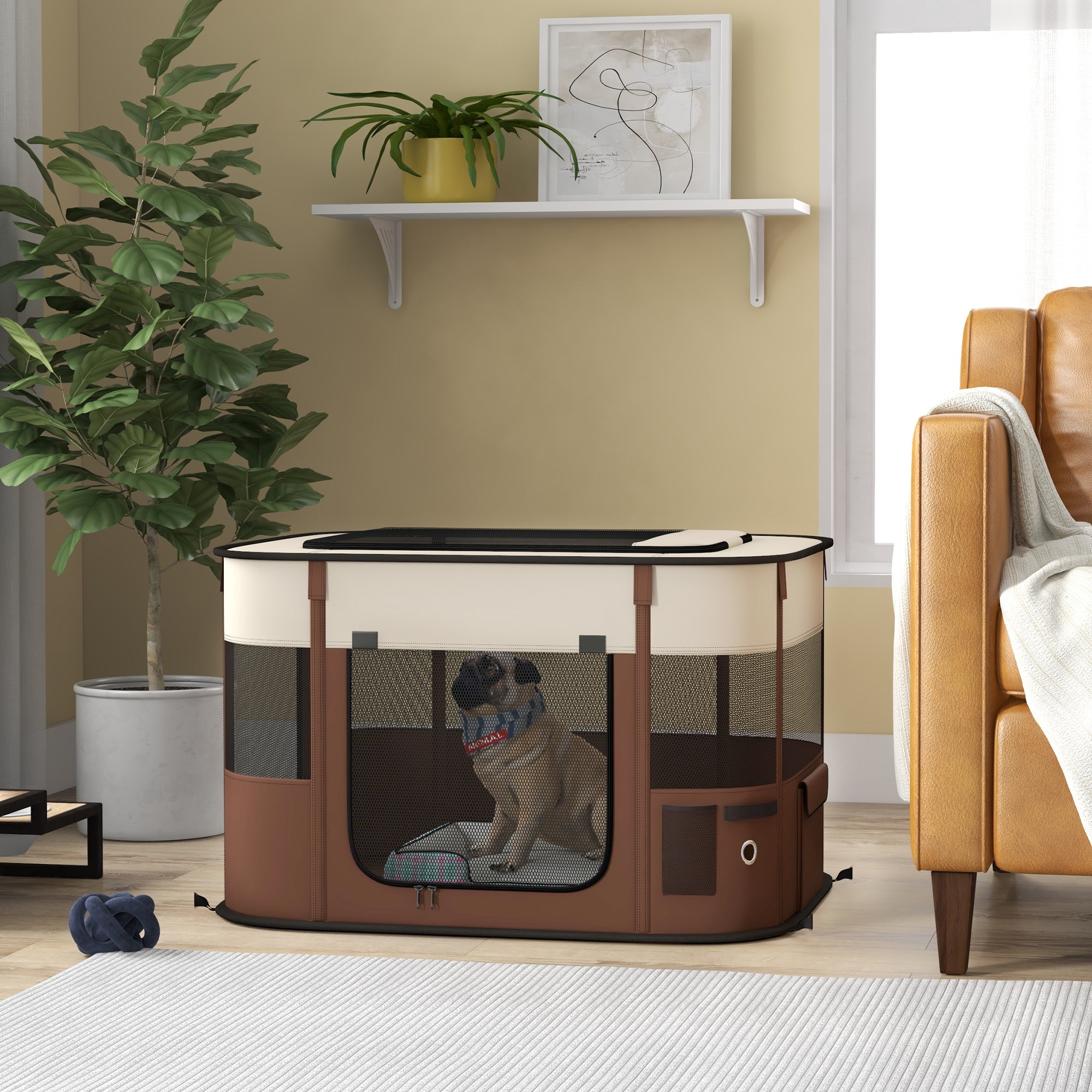 PawHut Dog Pen, Pet Playpen, Portable Foldable Dog Cat Playpen Soft Dog Cage with Storage Bag for Puppies, Rabbits, Kittens, Guinea Pigs, 84 x 64 x 53cm - Brown