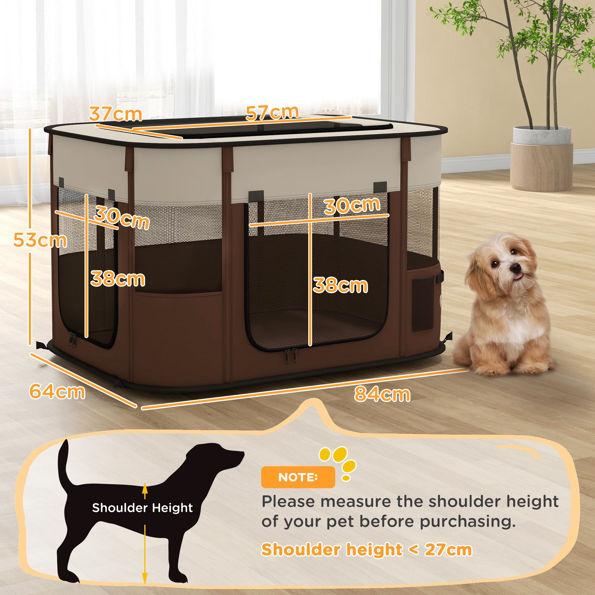 PawHut Dog Pen, Pet Playpen, Portable Foldable Dog Cat Playpen Soft Dog Cage with Storage Bag for Puppies, Rabbits, Kittens, Guinea Pigs, 84 x 64 x 53cm - Brown