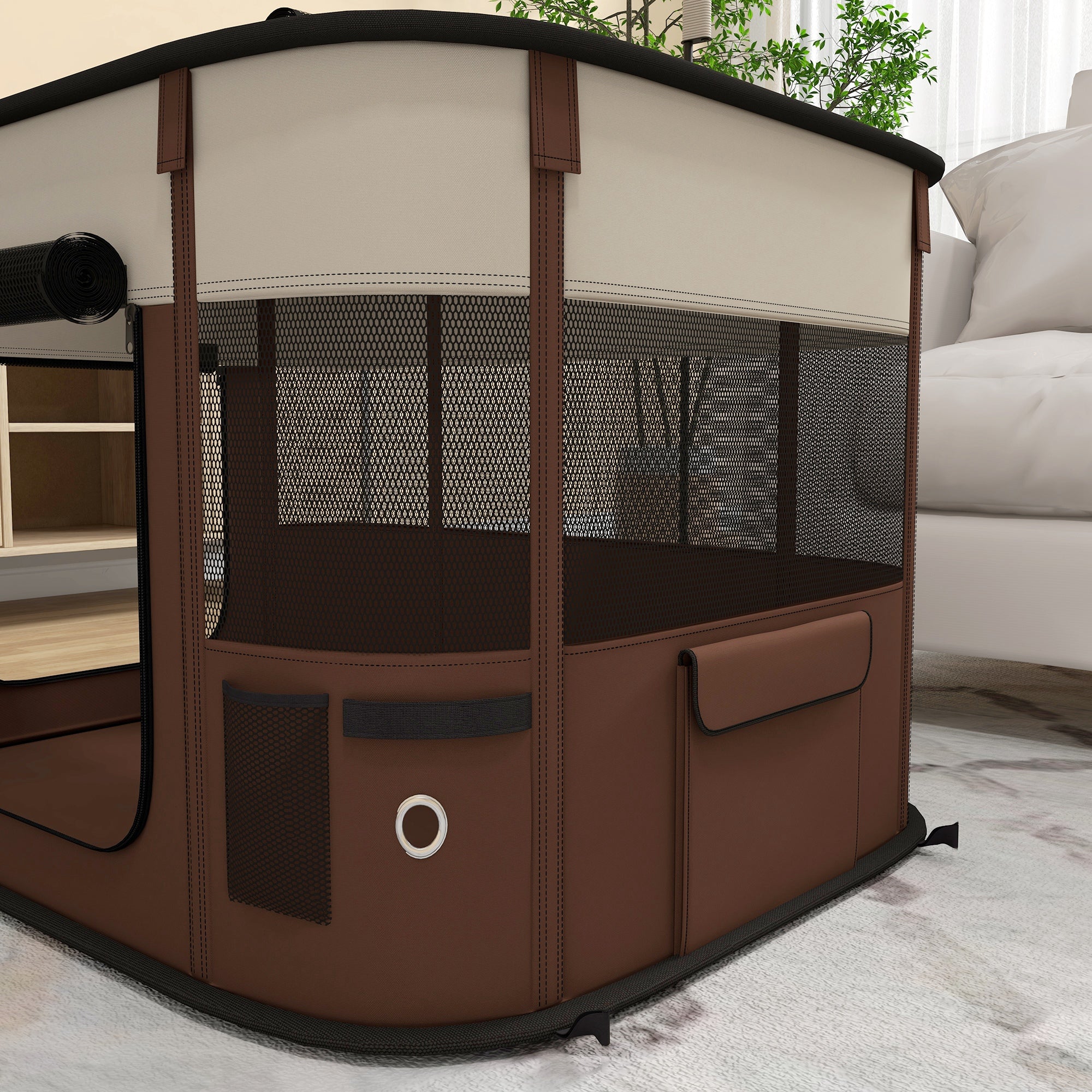 PawHut Dog Pen, Pet Playpen, Portable Foldable Dog Cat Playpen Soft Dog Cage with Storage Bag for Puppies, Rabbits, Kittens, Guinea Pigs, 84 x 64 x 53cm - Brown