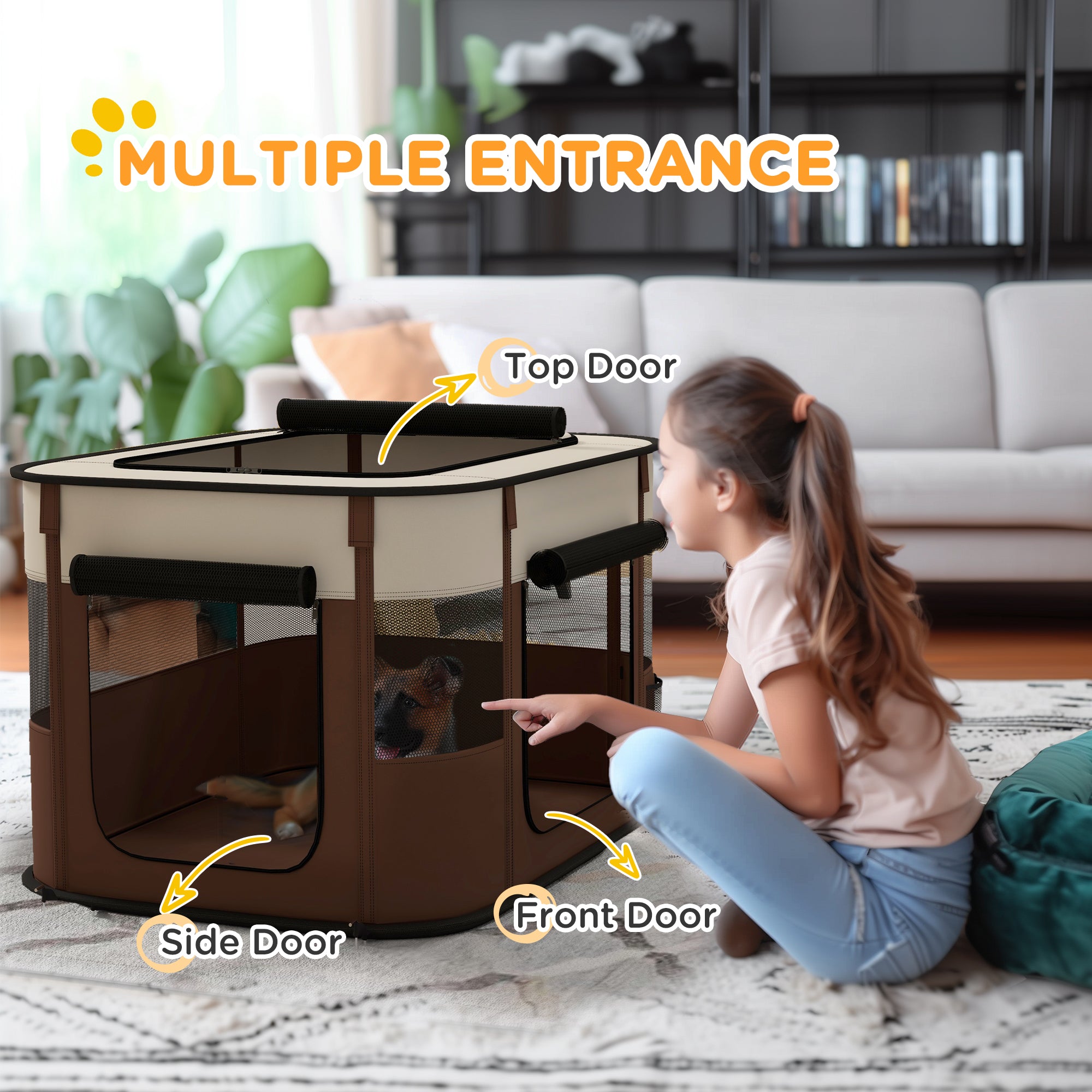 PawHut Dog Pen, Pet Playpen, Portable Foldable Dog Cat Playpen Soft Dog Cage with Storage Bag for Puppies, Rabbits, Kittens, Guinea Pigs, 84 x 64 x 53cm - Brown