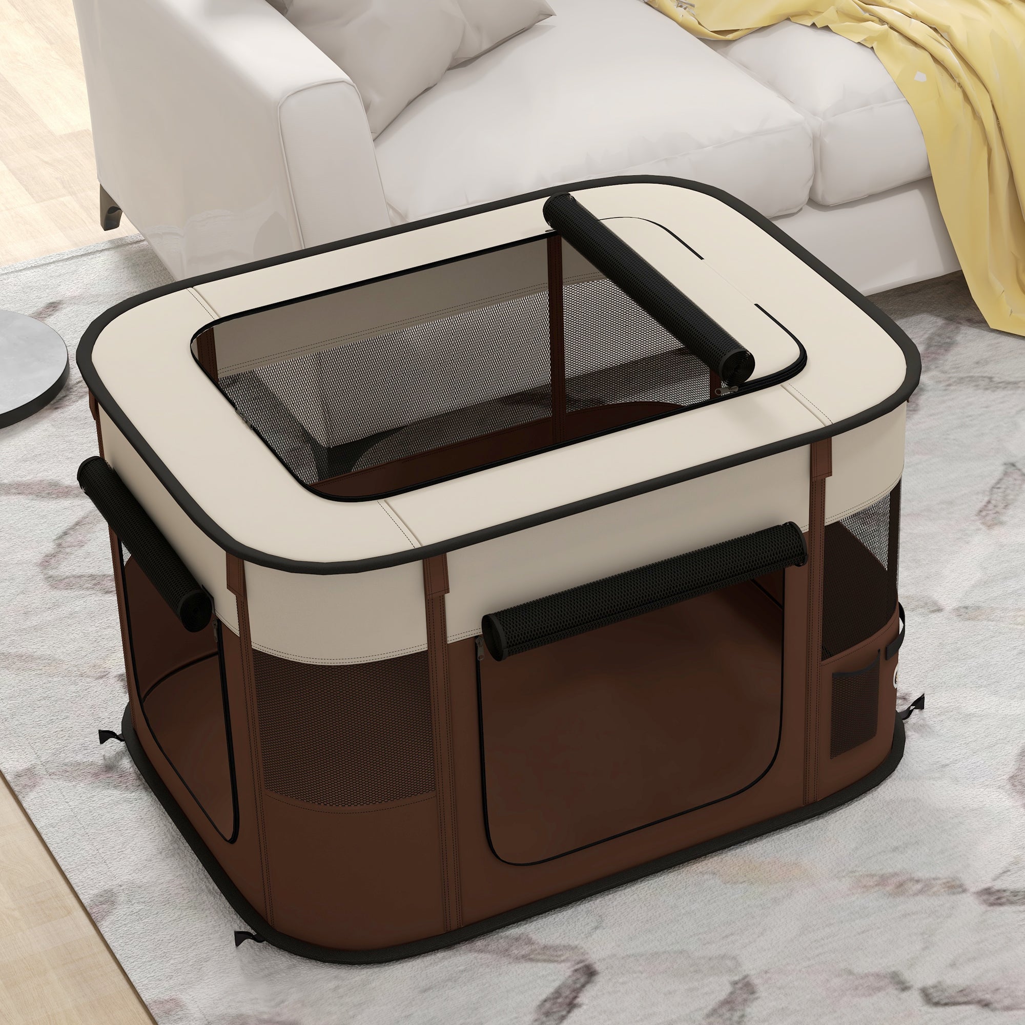 PawHut Dog Pen, Pet Playpen, Portable Foldable Dog Cat Playpen Soft Dog Cage with Storage Bag for Puppies, Rabbits, Kittens, Guinea Pigs, 84 x 64 x 53cm - Brown