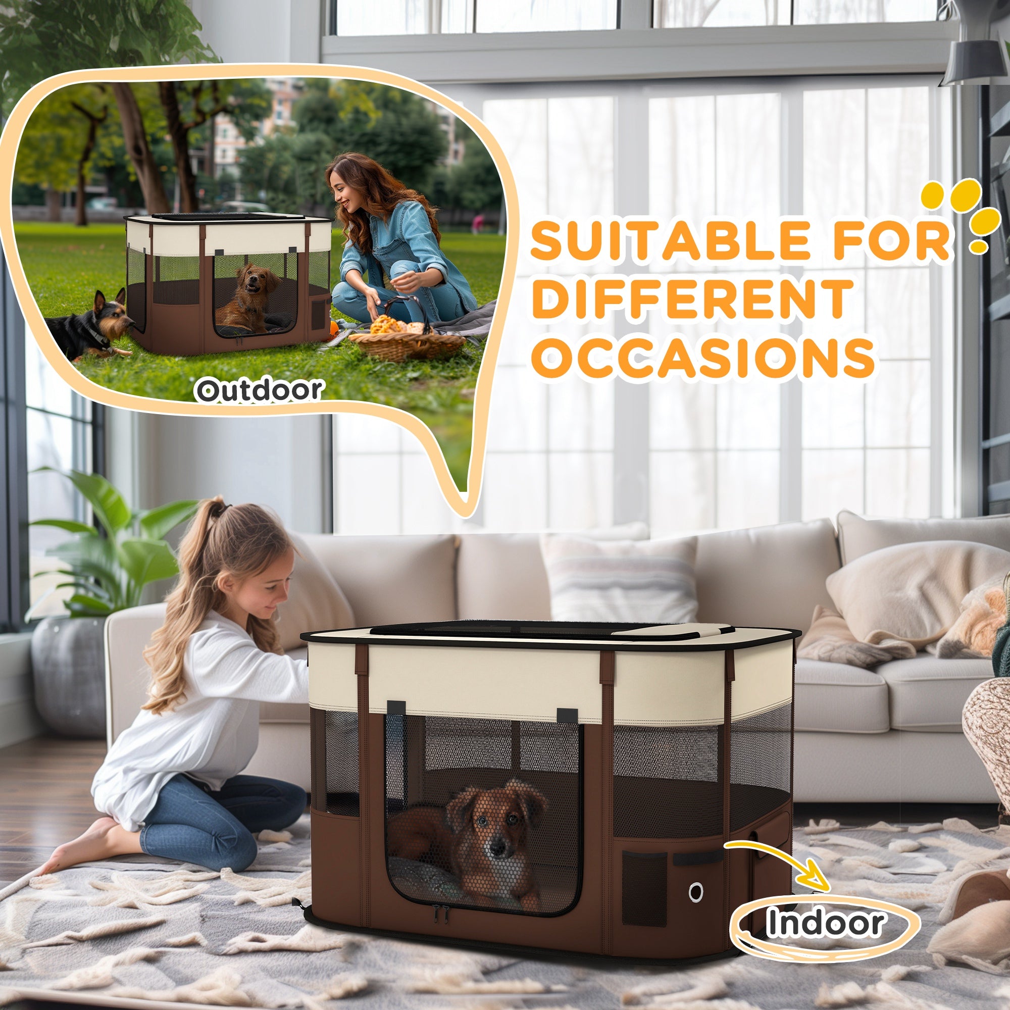PawHut Dog Pen, Pet Playpen, Portable Foldable Dog Cat Playpen Soft Dog Cage with Storage Bag for Puppies, Rabbits, Kittens, Guinea Pigs, 84 x 64 x 53cm - Brown