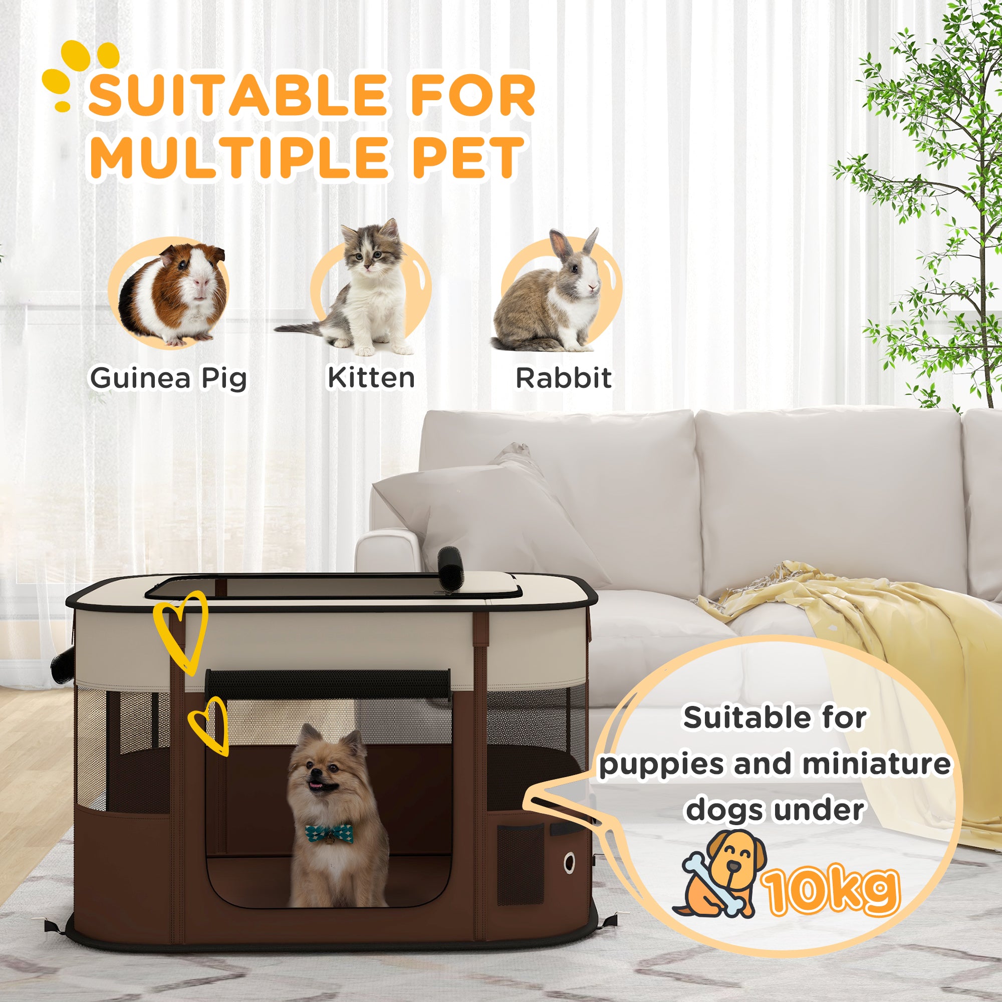 PawHut Dog Pen, Pet Playpen, Portable Foldable Dog Cat Playpen Soft Dog Cage with Storage Bag for Puppies, Rabbits, Kittens, Guinea Pigs, 84 x 64 x 53cm - Brown