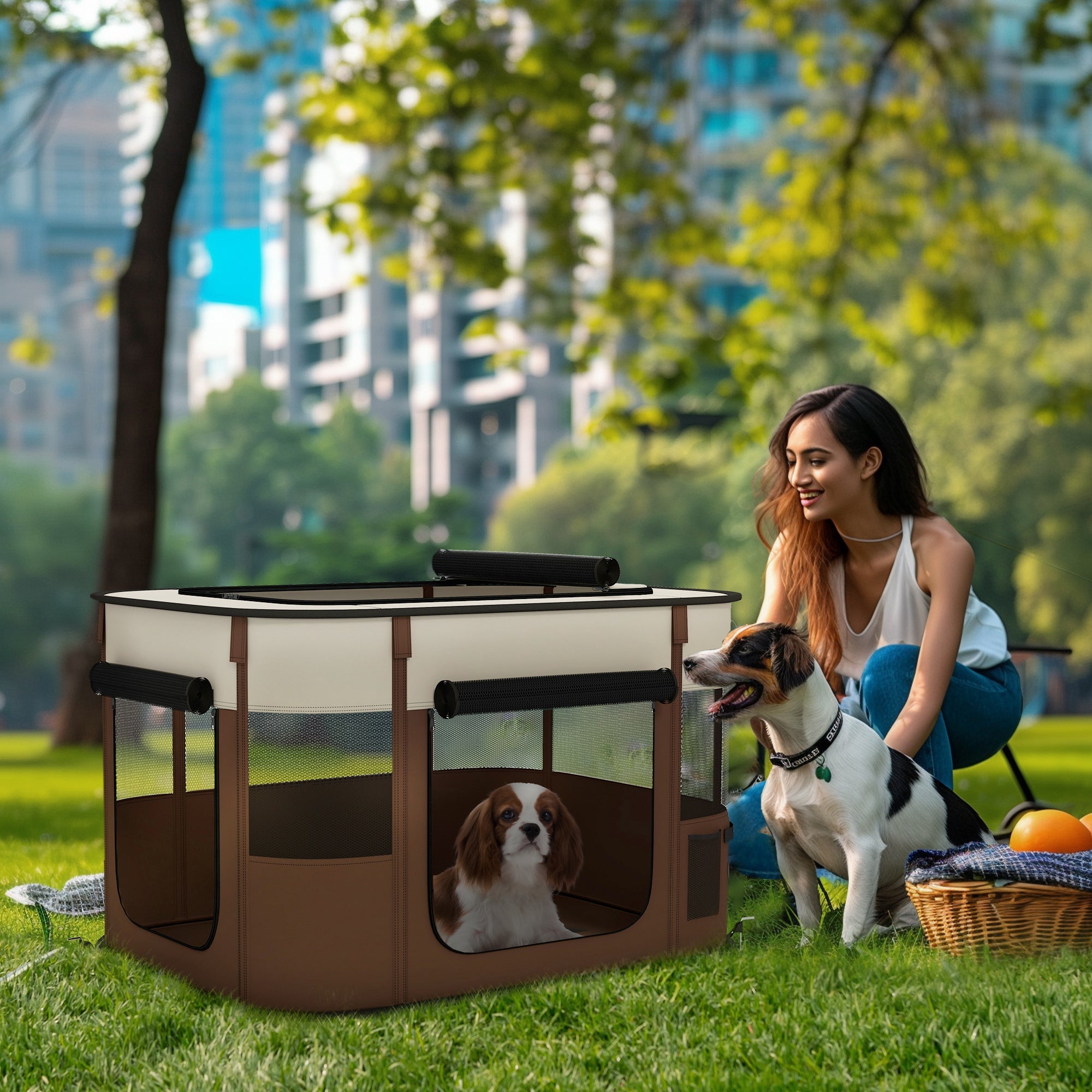 PawHut Dog Pen, Pet Playpen, Portable Foldable Dog Cat Playpen Soft Dog Cage with Storage Bag for Puppies, Rabbits, Kittens, Guinea Pigs, 84 x 64 x 53cm - Brown