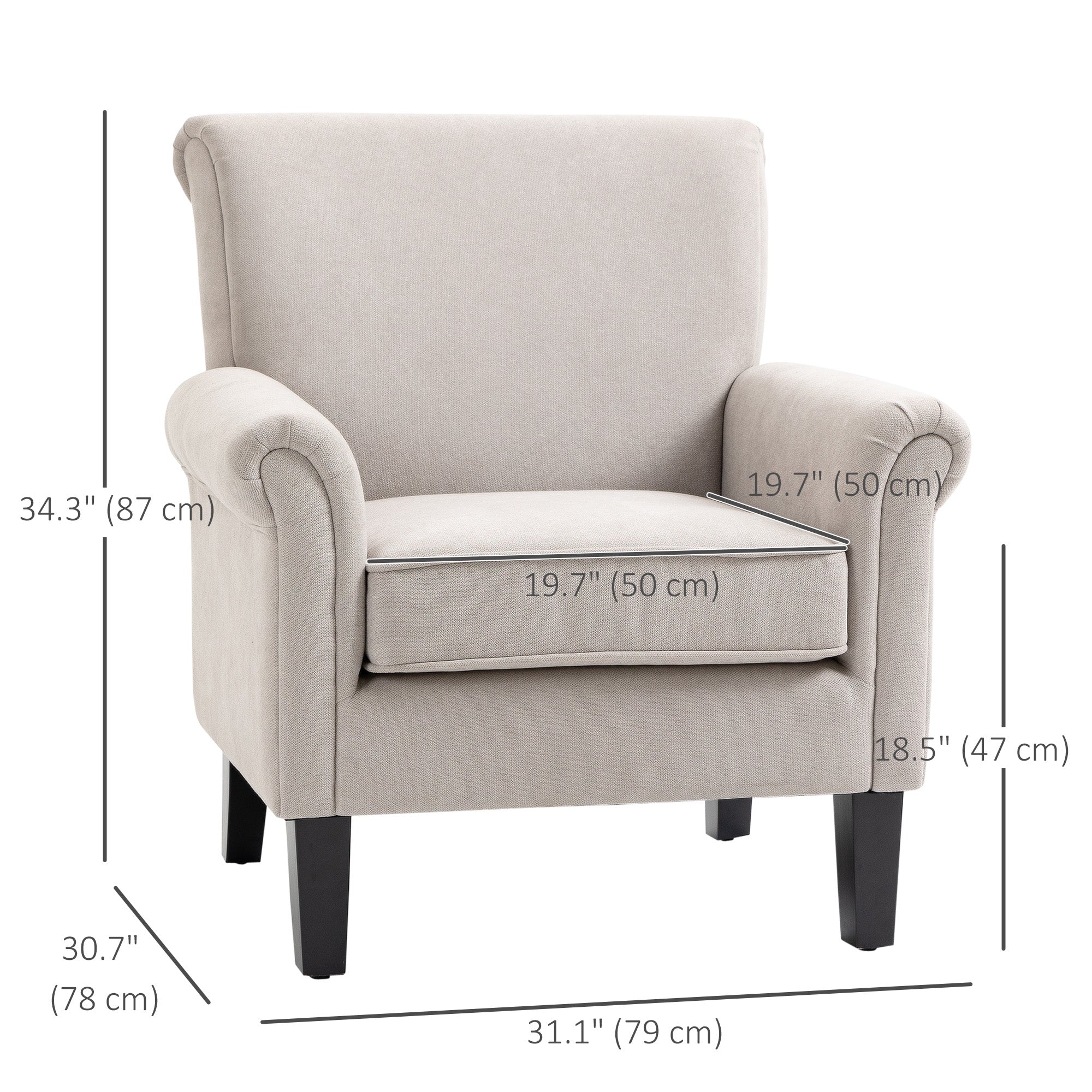 HOMCOM Modern Accent Chair, Upholstered Velvet Fabric Armchair with Rolled Armrest, Wingback Chair with Rubber Wood Legs and Thick Padding for Living Room, Grey