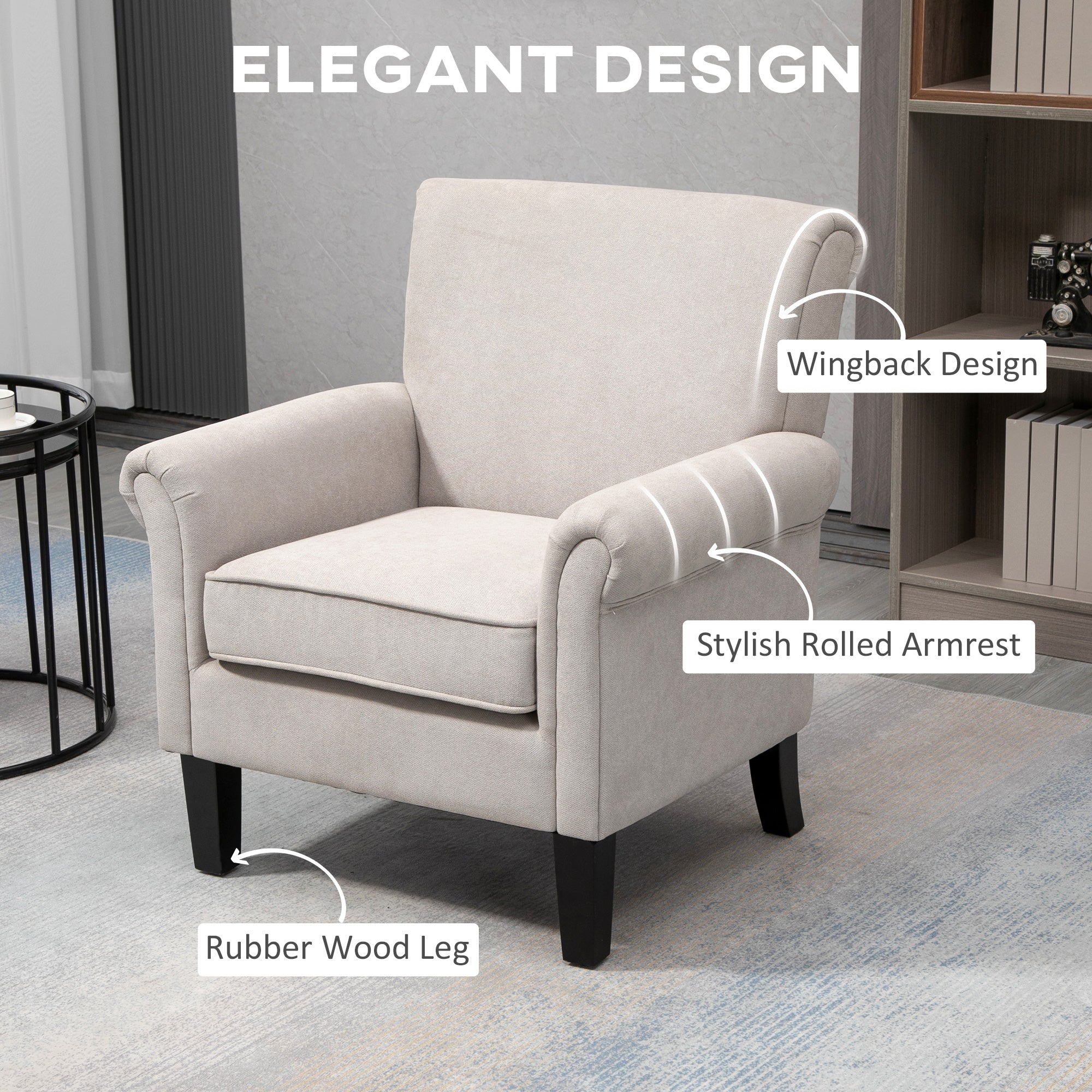 HOMCOM Modern Accent Chair, Upholstered Velvet Fabric Armchair with Rolled Armrest, Wingback Chair with Rubber Wood Legs and Thick Padding for Living Room, Grey