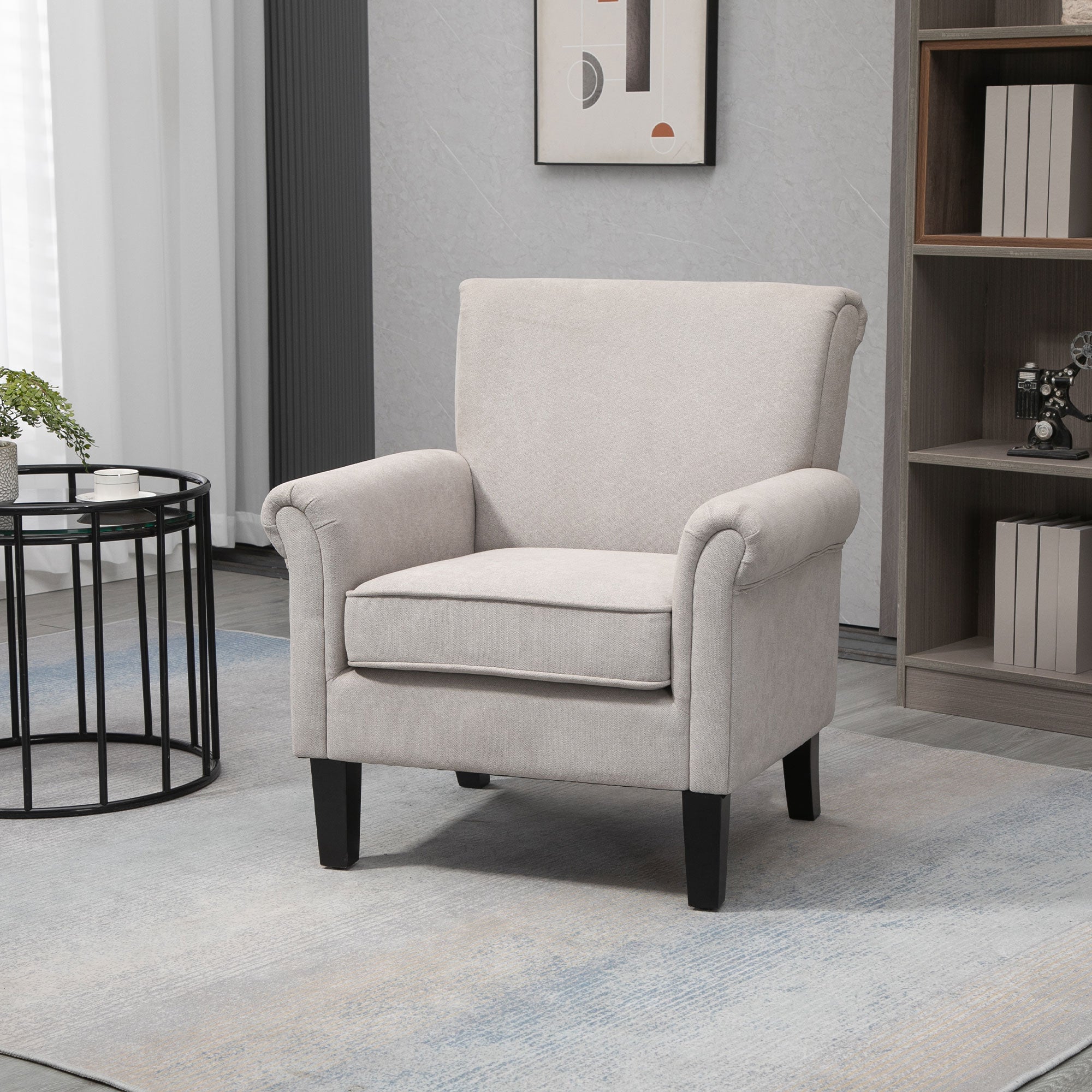 HOMCOM Modern Accent Chair, Upholstered Velvet Fabric Armchair with Rolled Armrest, Wingback Chair with Rubber Wood Legs and Thick Padding for Living Room, Grey