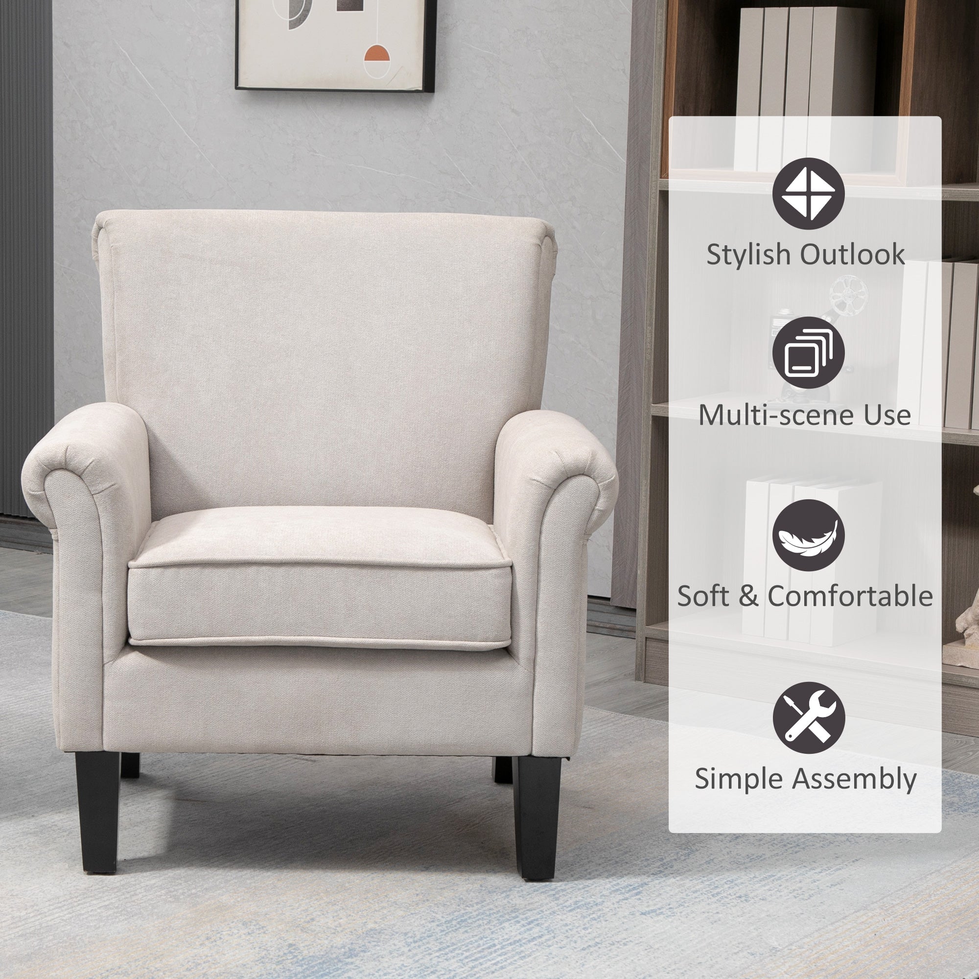 HOMCOM Modern Accent Chair, Upholstered Velvet Fabric Armchair with Rolled Armrest, Wingback Chair with Rubber Wood Legs and Thick Padding for Living Room, Grey