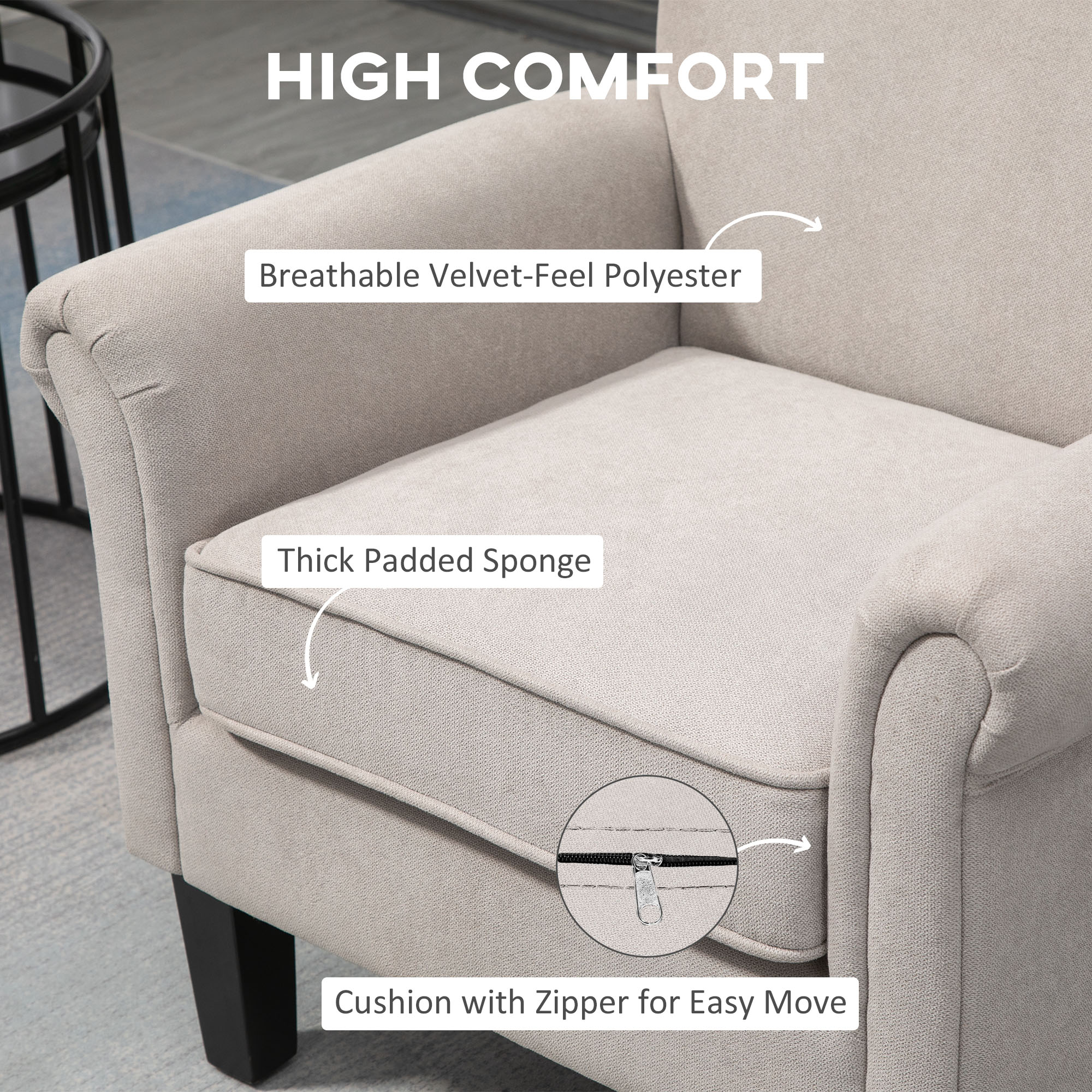HOMCOM Modern Accent Chair, Upholstered Velvet Fabric Armchair with Rolled Armrest, Wingback Chair with Rubber Wood Legs and Thick Padding for Living Room, Grey