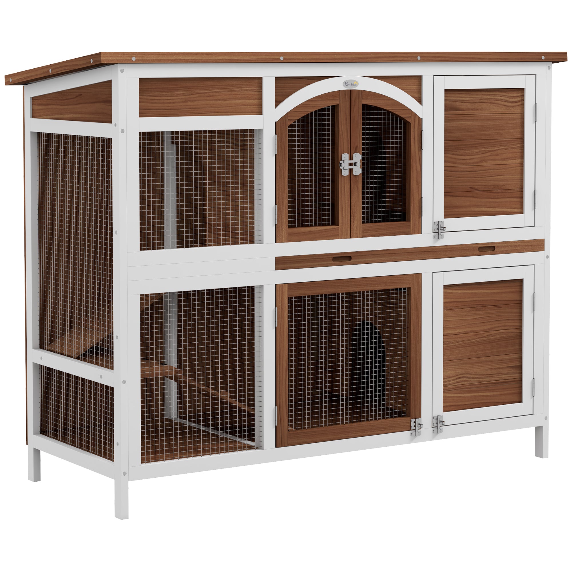 PawHut Rabbit Hutch Outdoor Guinea Pig Hutch 2 Tier Wooden Cage w/ Ramp, Divider, Openable Roof, 125 x 48 x 100cm - Brown