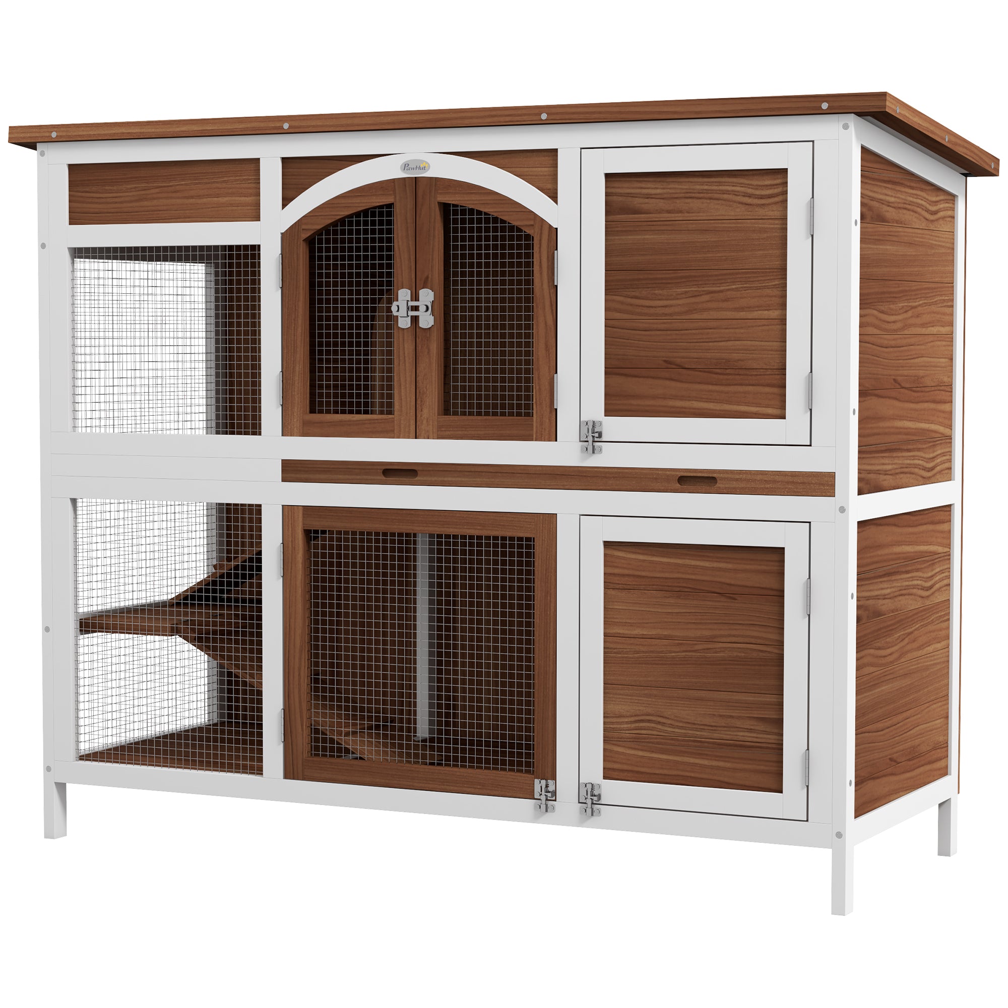 PawHut Rabbit Hutch Outdoor Guinea Pig Hutch 2 Tier Wooden Cage w/ Ramp, Divider, Openable Roof, 125 x 48 x 100cm - Brown