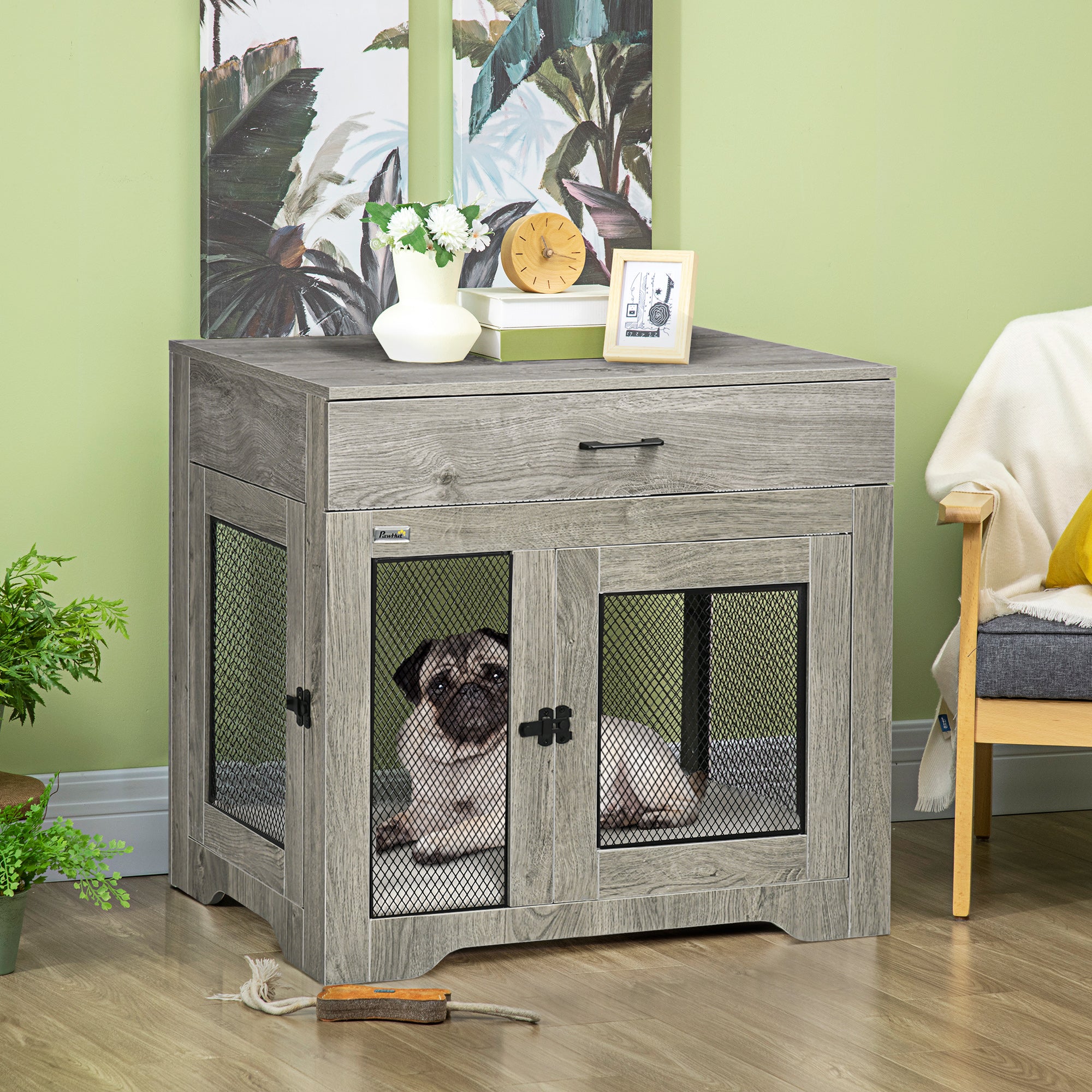 PawHut 32in Dog Crate Furniture with Cushion, 2 Doors, Dog Kennel End Table with Storage, Indoor Dog Cage for Small Medium Dogs, Grey