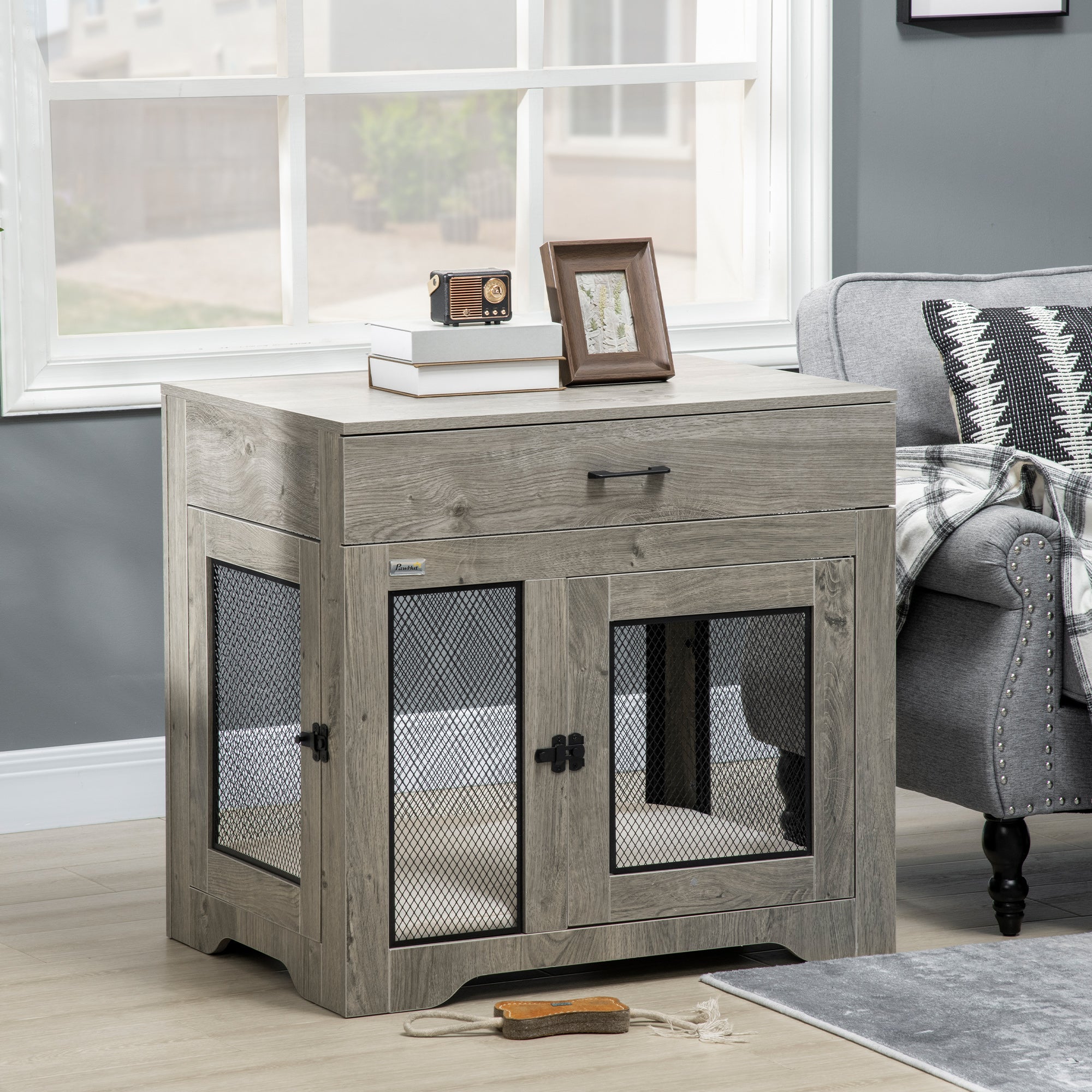 PawHut 32in Dog Crate Furniture with Cushion, 2 Doors, Dog Kennel End Table with Storage, Indoor Dog Cage for Small Medium Dogs, Grey