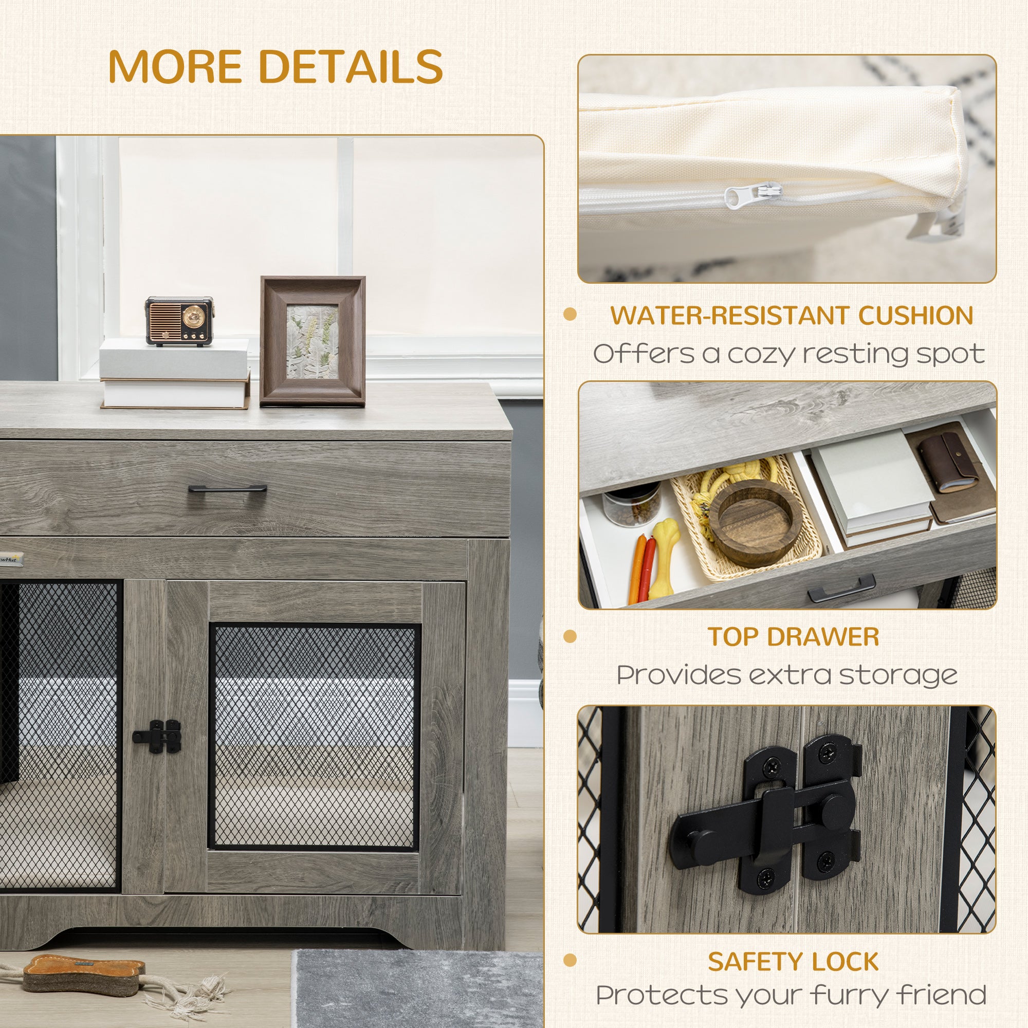 PawHut 32in Dog Crate Furniture with Cushion, 2 Doors, Dog Kennel End Table with Storage, Indoor Dog Cage for Small Medium Dogs, Grey